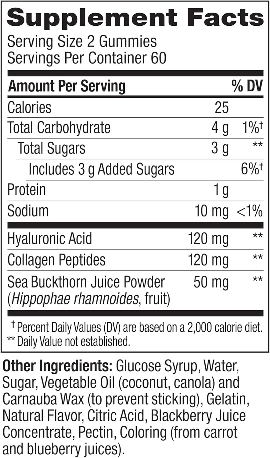 OLLY Glowing Skin Collagen Gummy, Hydrated, Youthful Skin, Hyaluronic Acid, Sea Buckthorn, Chewable Supplement, Berry, 25 Day Supply - 50 Count