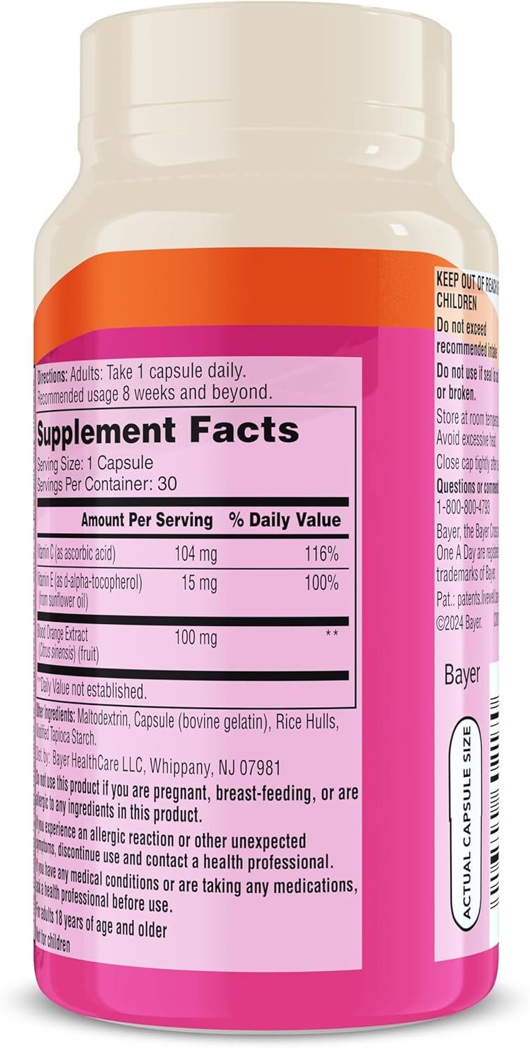 One A Day Skin Radiance, Skin Supplement to Support Hydration Glow with Blood Orange Extract Collagen Health with Vitamin C Vitamin E, 30 Capsules