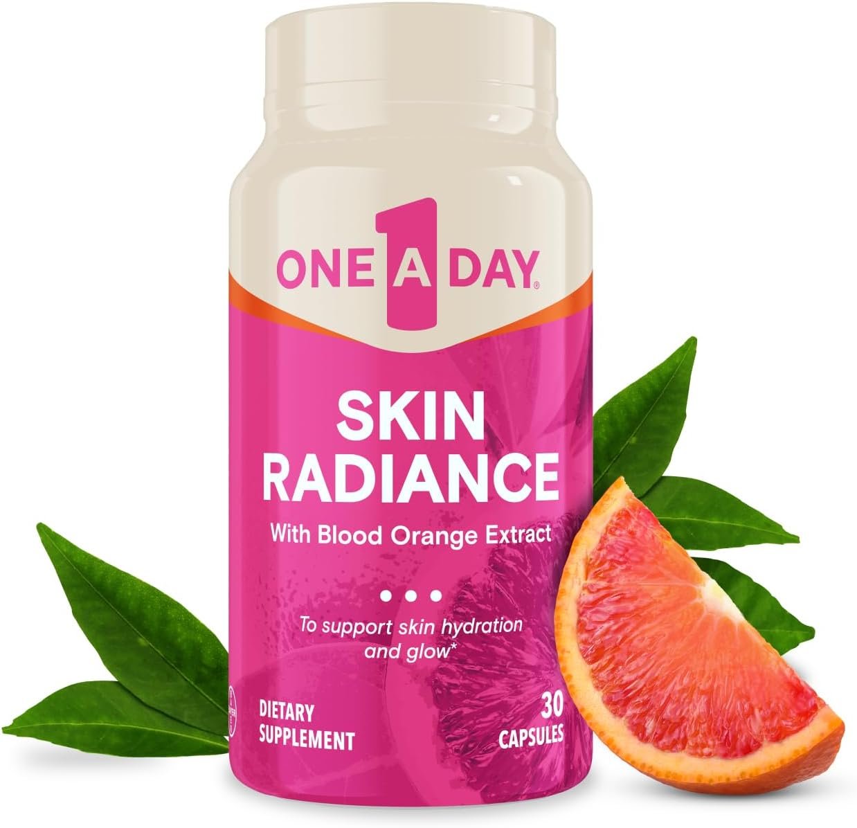 One A Day Skin Radiance, Skin Supplement to Support Hydration Glow with Blood Orange Extract Collagen Health with Vitamin C Vitamin E, 30 Capsules
