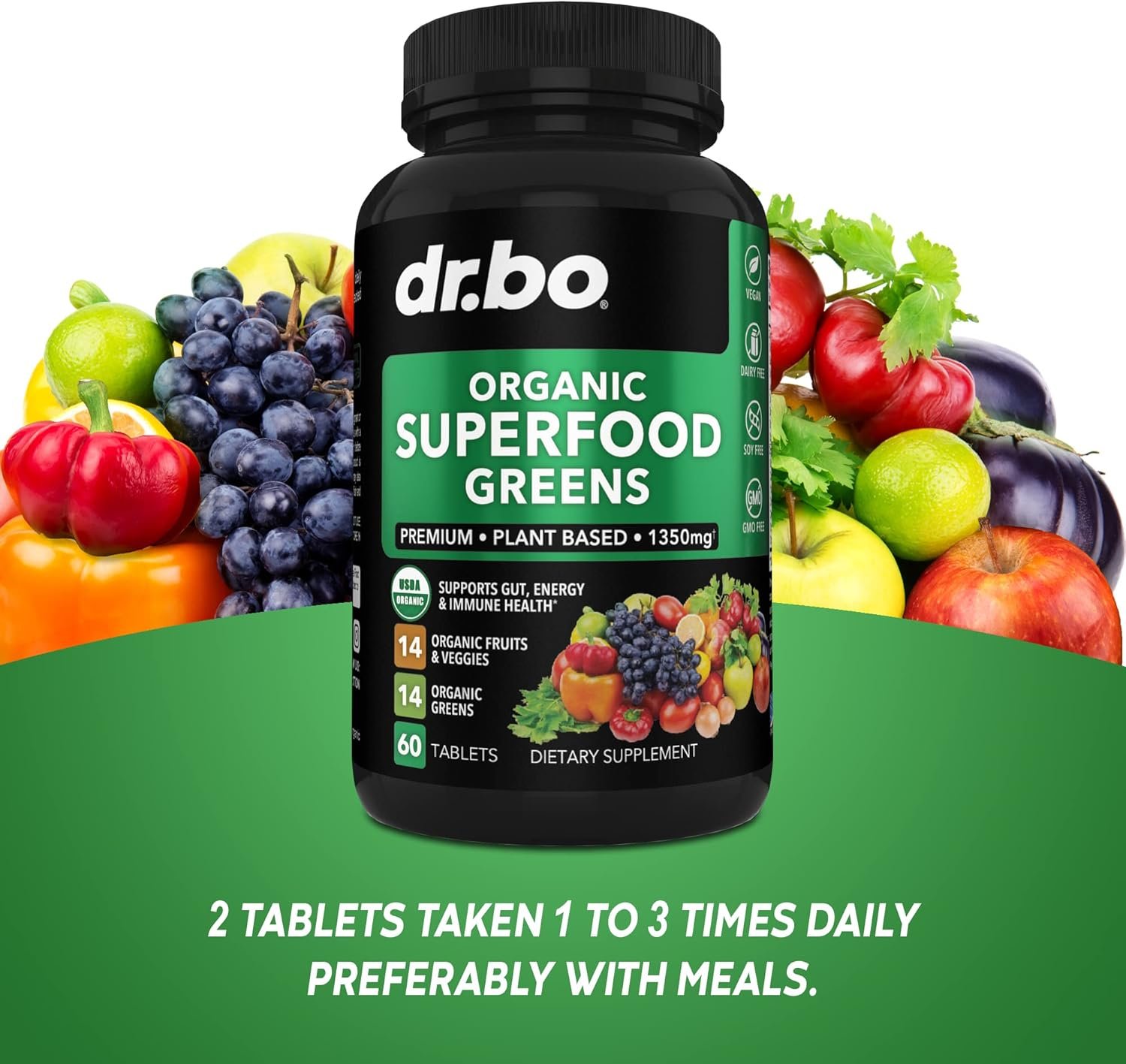 Organic Superfood Greens Fruit Supplements - Energy Super Food Fruits and Veggies Supplement Tablets - Daily Green Veggie Powder Blend Plus Vegetable Foods Alfalfa, Spinach, Cabbage Spirulina Tabs