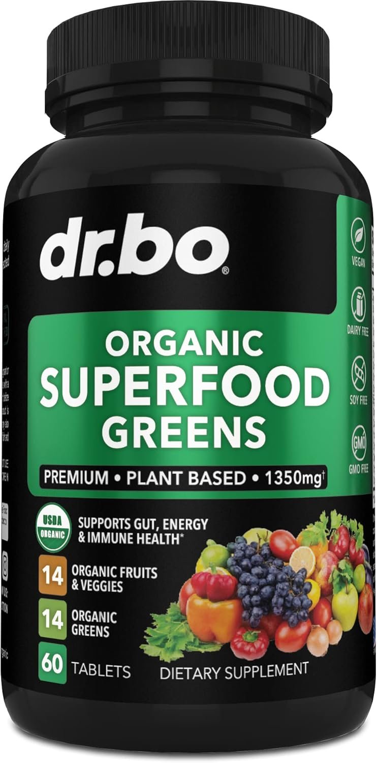 Organic Superfood Greens Fruit Supplements - Energy Super Food Fruits and Veggies Supplement Tablets - Daily Green Veggie Powder Blend Plus Vegetable Foods Alfalfa, Spinach, Cabbage Spirulina Tabs
