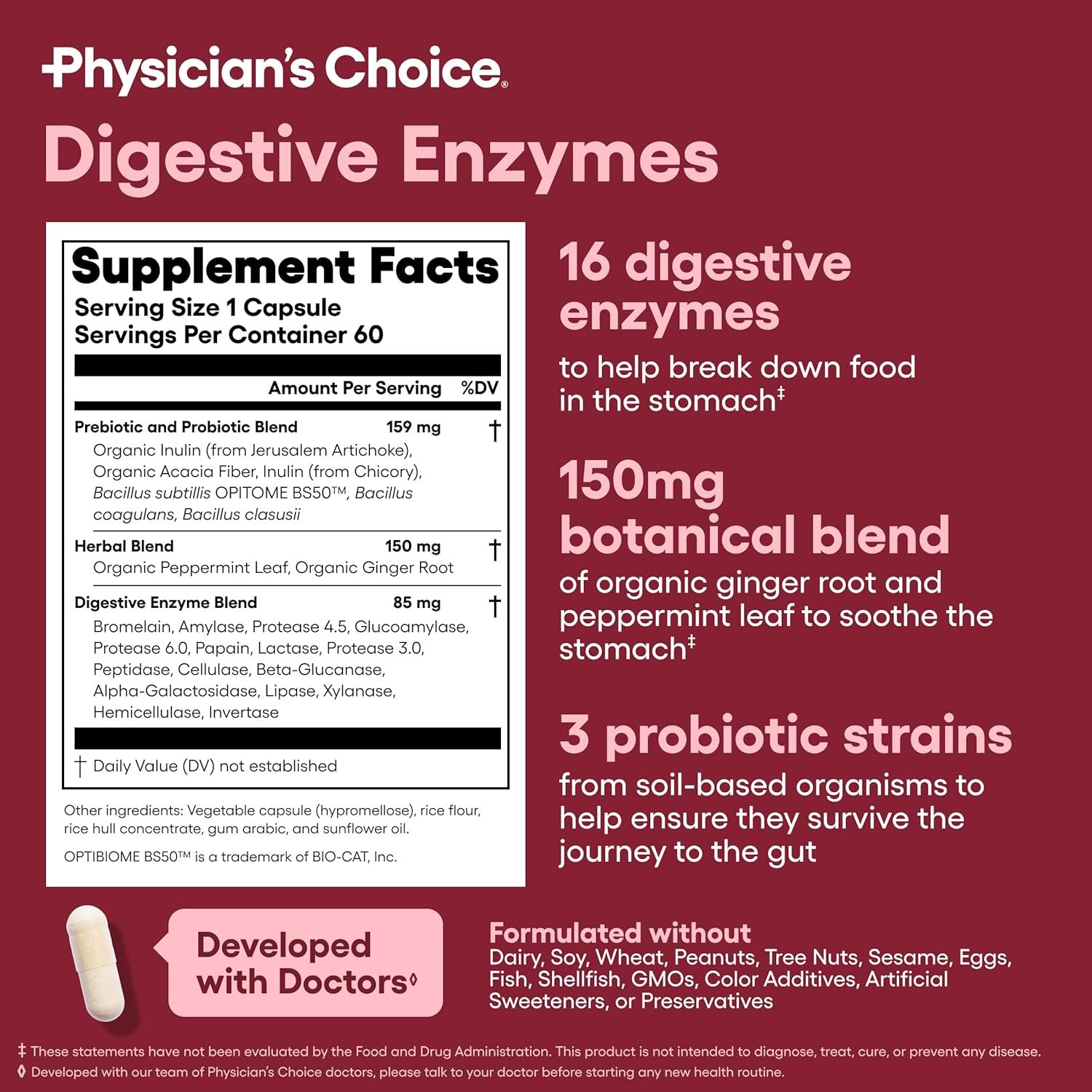 Physicians CHOICE Digestive Enzymes - Multi Enzymes, Organic Prebiotics Probiotics for Digestive Health Gut Health - Meal Time Discomfort Relief Bloating - 60 CT - Packaging May Vary