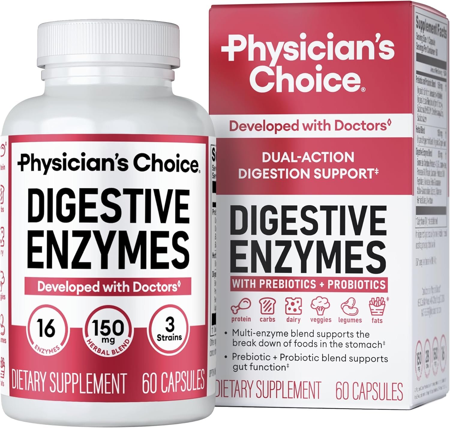 Physicians CHOICE Digestive Enzymes - Multi Enzymes, Organic Prebiotics Probiotics for Digestive Health Gut Health - Meal Time Discomfort Relief Bloating - 60 CT - Packaging May Vary