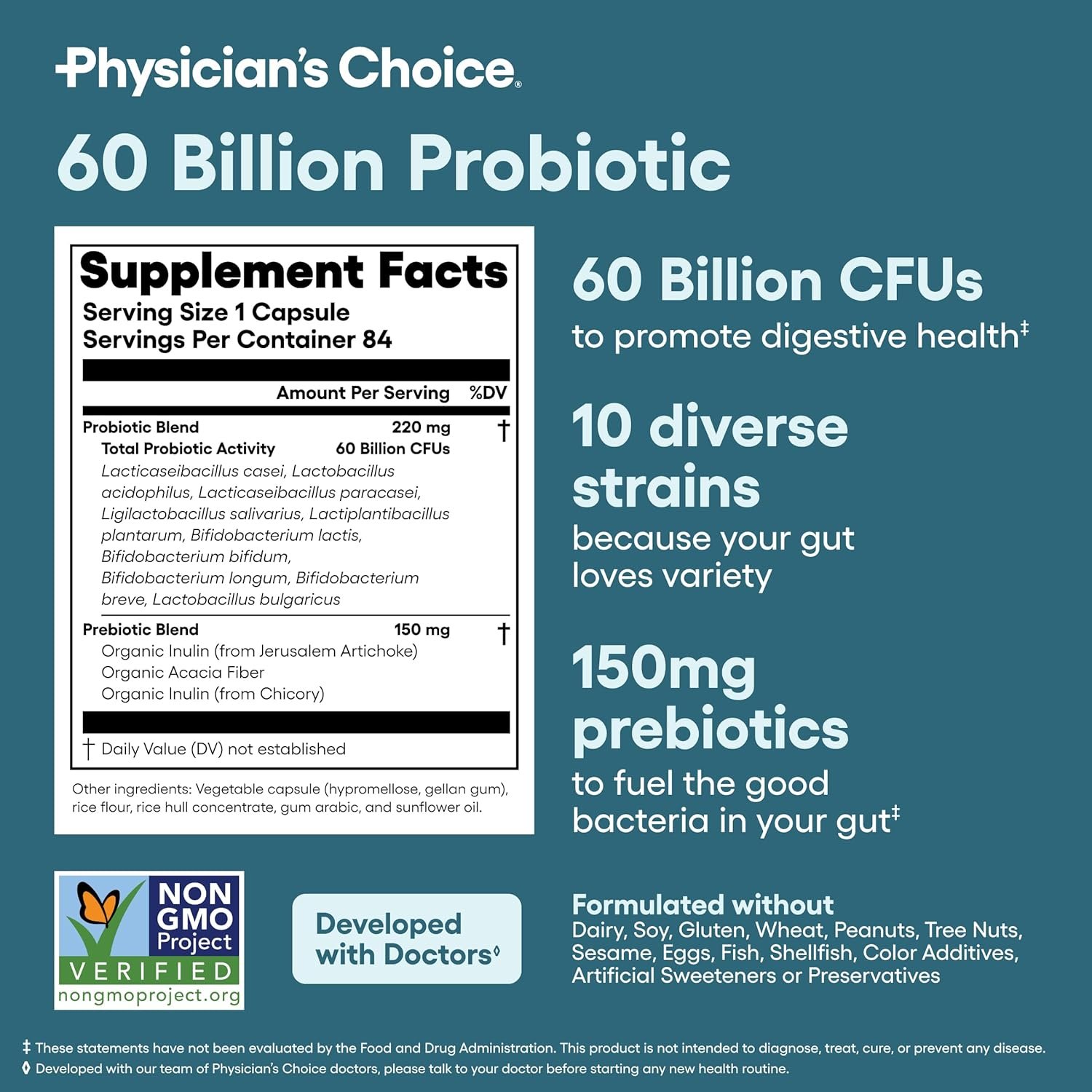 Physicians Choice Probiotics 60 Billion CFU - 10 Strains + Organic Prebiotics - Immune, Digestive Gut Health - Supports Occasional Constipation, Diarrhea, Gas Bloating - for Women Men - 30ct