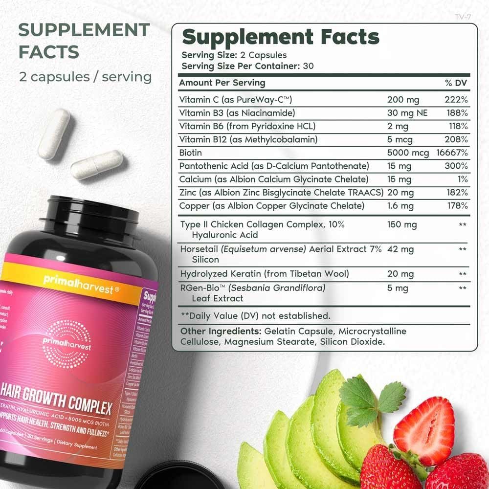 Primal Harvest Hair Growth Vitamins, 2 Pack - 120 Pills, Natural Hair Regrowth, Thickening, and Supplement for Men Women with Biotin Zinc