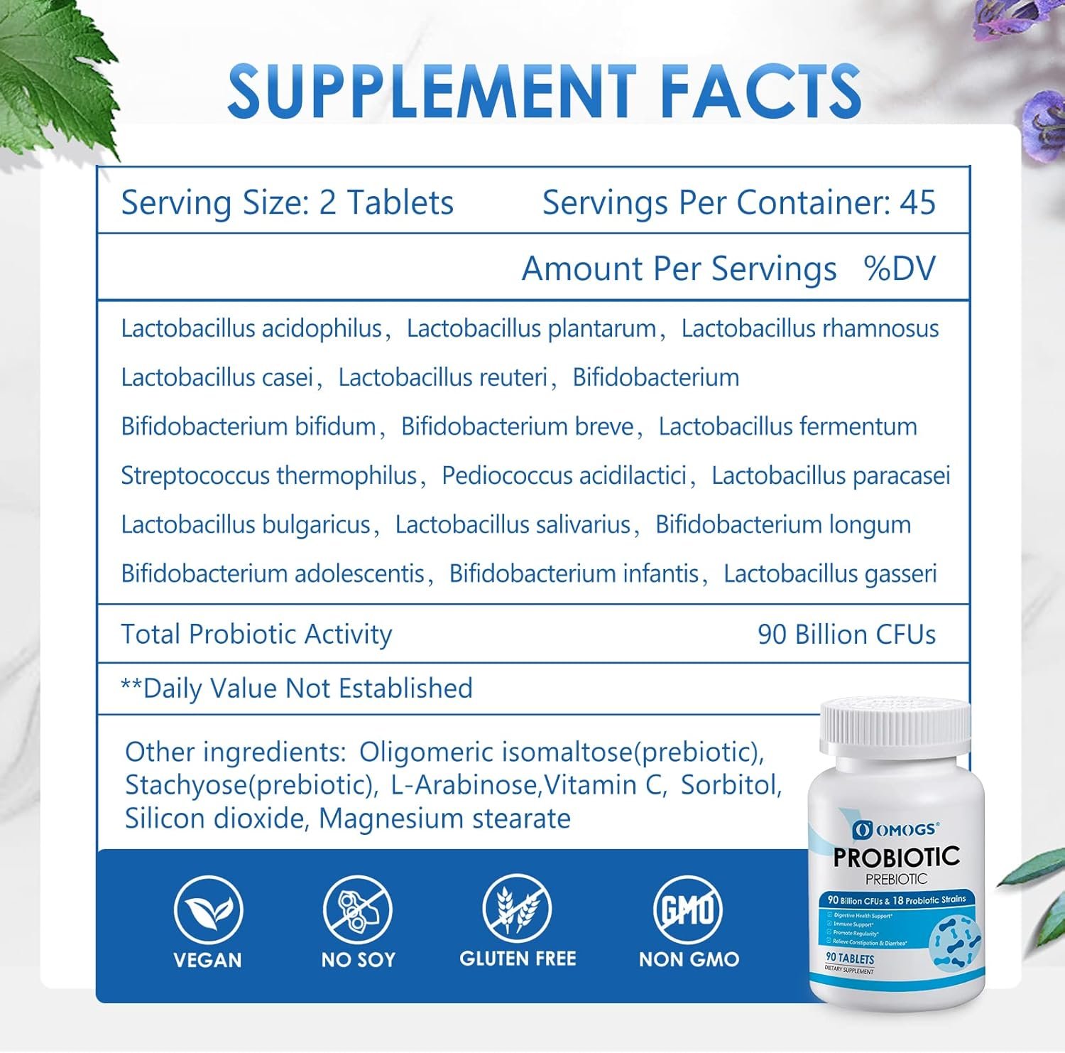Probiotics 90 Billion CFUs 18 Strains,with 3 Organic Prebiotics Vitamin C,Nutritional Supplement for Women,Men Kids,Support Metabolism,Immunity and Digestive Health,Non-GMO, 90 Tablets