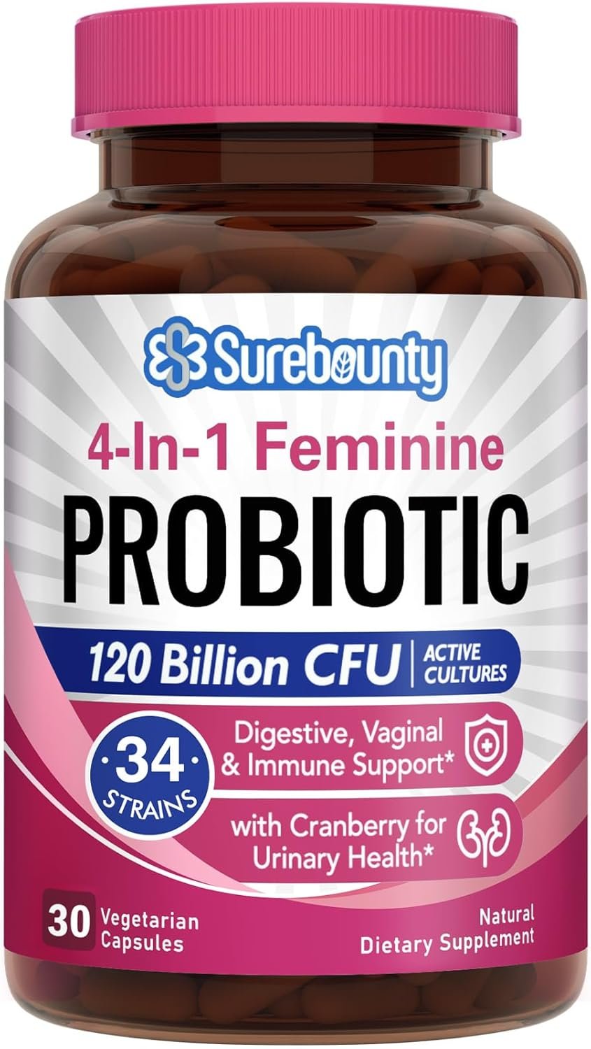 Probiotics for Women, 120 Billion CFU 34 Strains, Prebiotics, Digestive Enzymes, Cranberry, 4-in-1 Feminine Probiotic, Digestive, Vaginal, Immune Support, 30ct