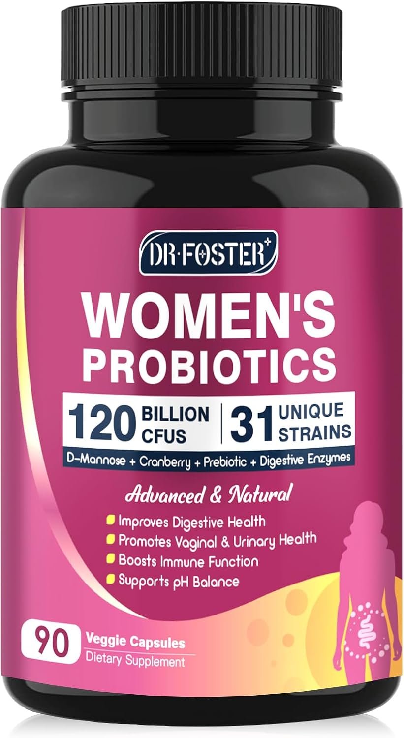 Probiotics for Women Digestive Health, Vaginal probiotics 120 Billion CFU 31 Strains with Digestive Enzymes Prebiotics D Mannose Cranberry for Urinary Tract, 90 Capsules