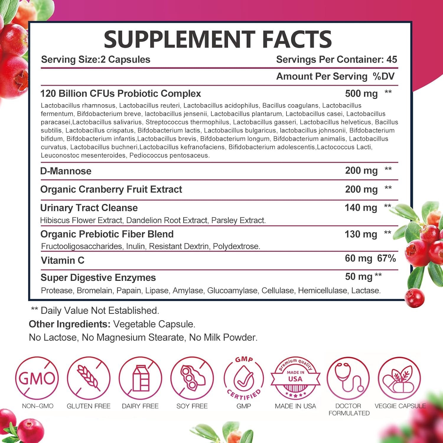 Probiotics for Women Digestive Health, Vaginal probiotics 120 Billion CFU 31 Strains with Digestive Enzymes Prebiotics D Mannose Cranberry for Urinary Tract, 90 Capsules
