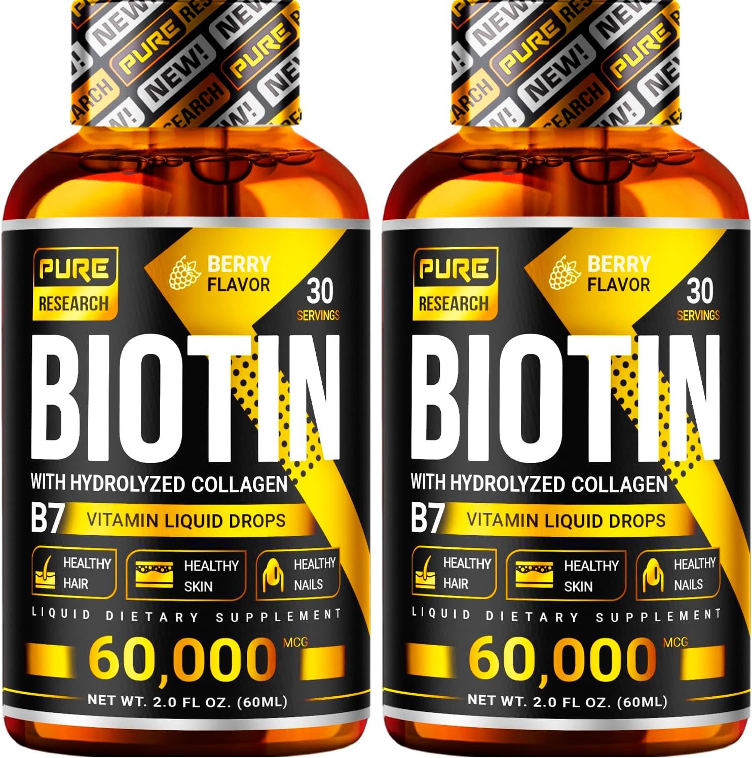 PURE RESEARCH Liquid Biotin Collagen Hair Growth Drops 60,000mcg - Biotin and Liquid Collagen Supplement for Men Women - Glowing Skin Support, Healthy Hair Nail Growth - 2oz