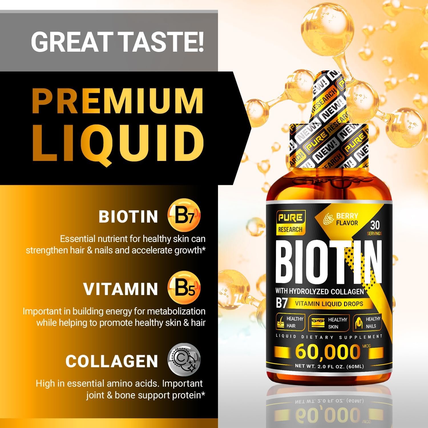 PURE RESEARCH Liquid Biotin Collagen Hair Growth Drops 60,000mcg - Biotin and Liquid Collagen Supplement for Men Women - Glowing Skin Support, Healthy Hair Nail Growth - 2oz