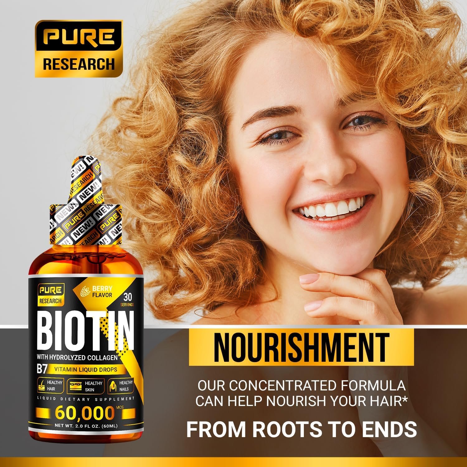 PURE RESEARCH Liquid Biotin Collagen Hair Growth Drops 60,000mcg - Biotin and Liquid Collagen Supplement for Men Women - Glowing Skin Support, Healthy Hair Nail Growth - 2oz