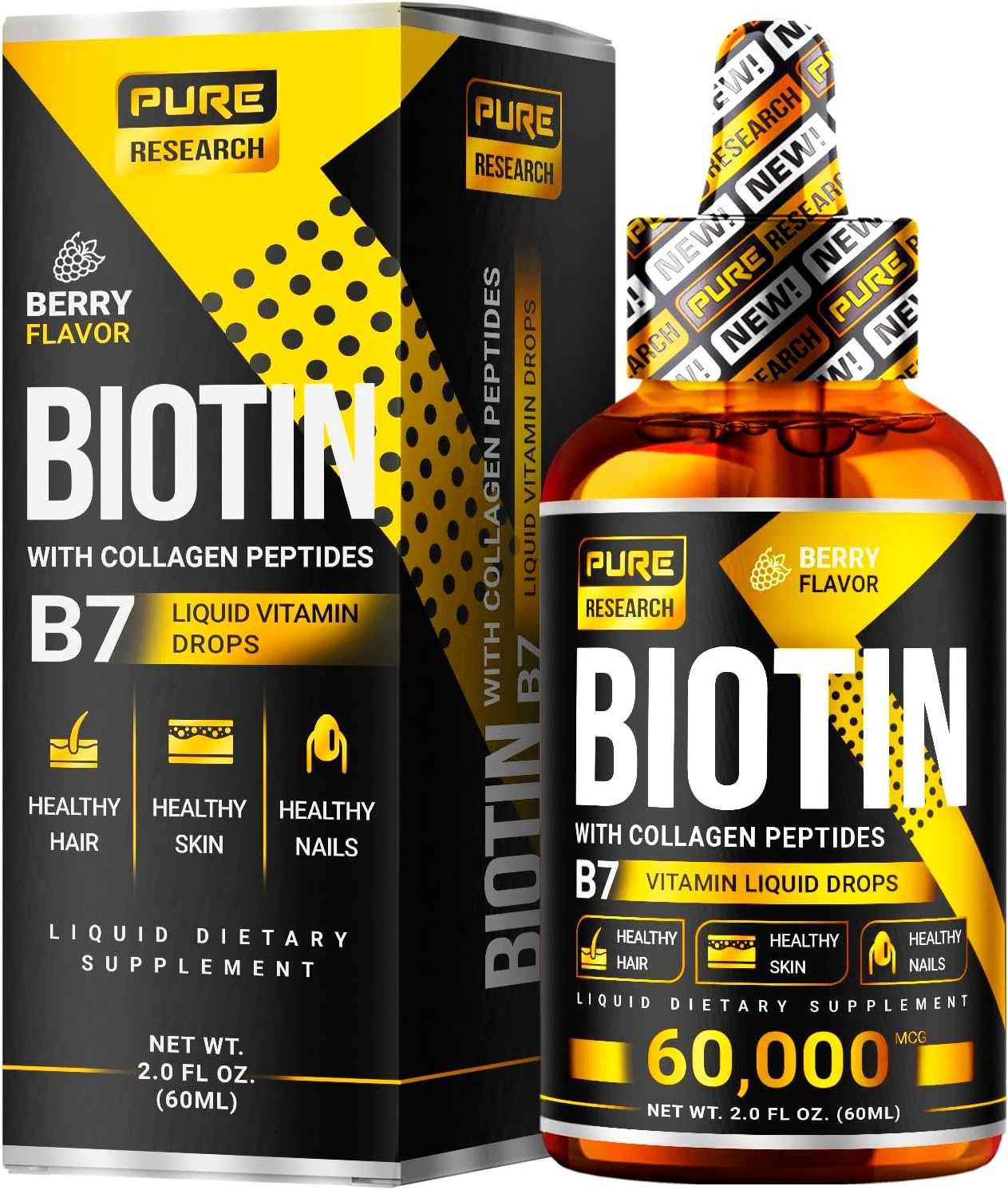 PURE RESEARCH Liquid Biotin Collagen Hair Growth Drops 60,000mcg - Biotin and Liquid Collagen Supplement for Men Women - Glowing Skin Support, Healthy Hair Nail Growth - 2oz