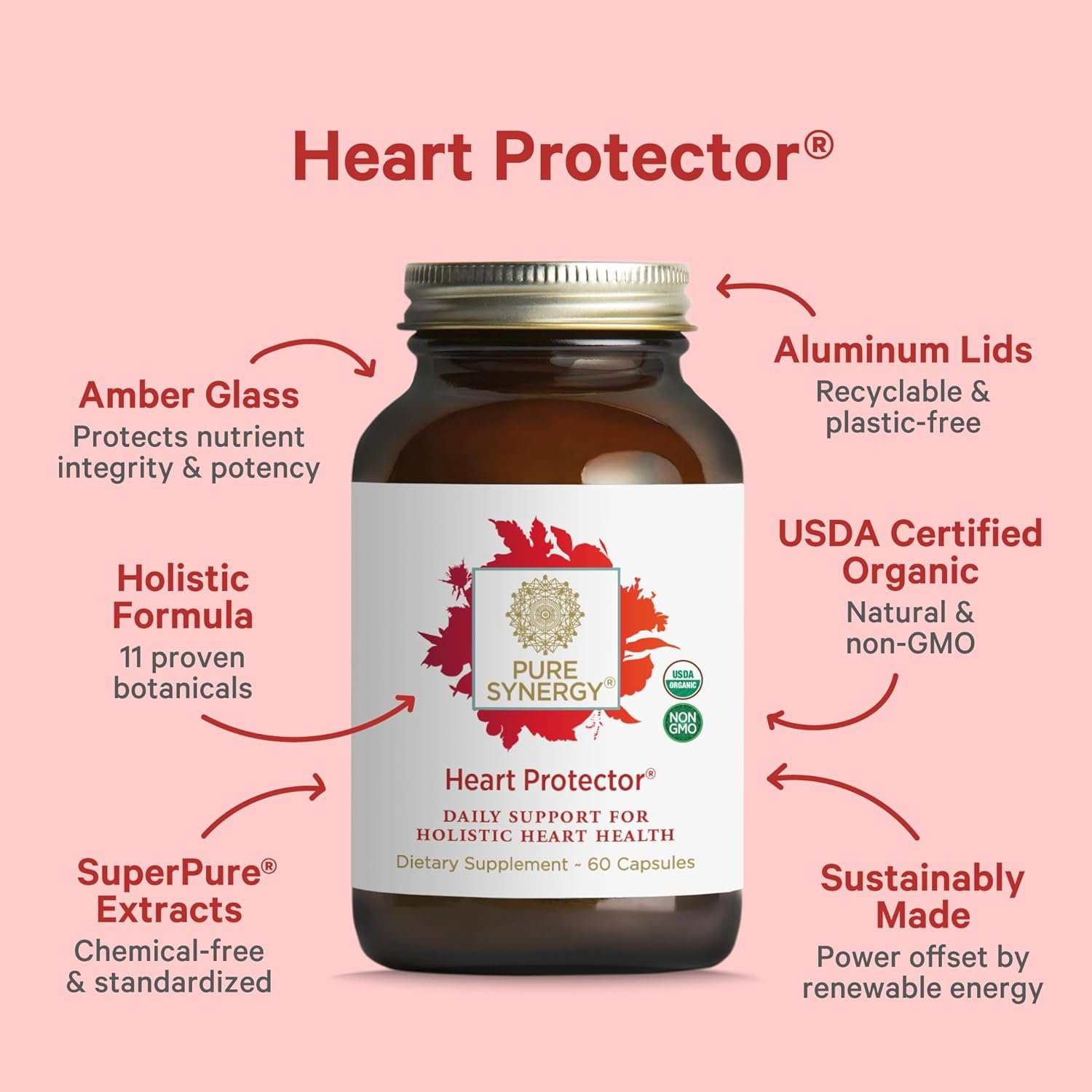 PURE SYNERGY Heart Protector | Organic Holistic Heart Supplement with Organic Hawthorn Berry, Resveratrol, and Nattokinase | for Blood and Vascular Support (60 Capsules)