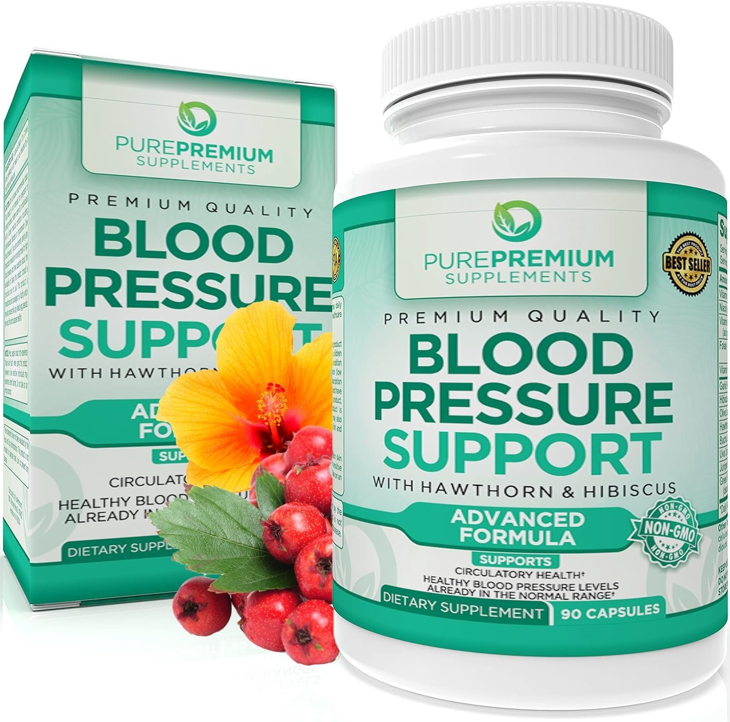 PurePremium Blood Pressure Supplements with Hawthorn Berry, Hibiscus - Nitric Oxide for Normal Blood Pressure Support w/Vitamin B12 - Garlic Supplements for Normal Nitric Oxide - 90 Caps