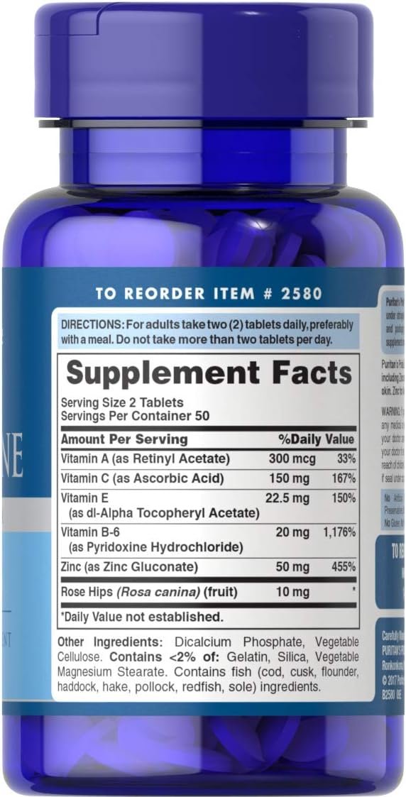 Puritans Pride Zinc for Acne Skin Formula with Vitamins C, B-6, A, and E for Men and Women, Dietary Supplement for Clear Healthy Skin, Immune System, Cell Division and Growth Support, 100 Tablets