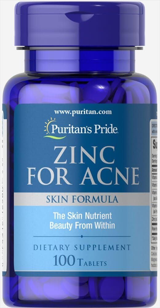 Puritans Pride Zinc for Acne Skin Formula with Vitamins C, B-6, A, and E for Men and Women, Dietary Supplement for Clear Healthy Skin, Immune System, Cell Division and Growth Support, 100 Tablets