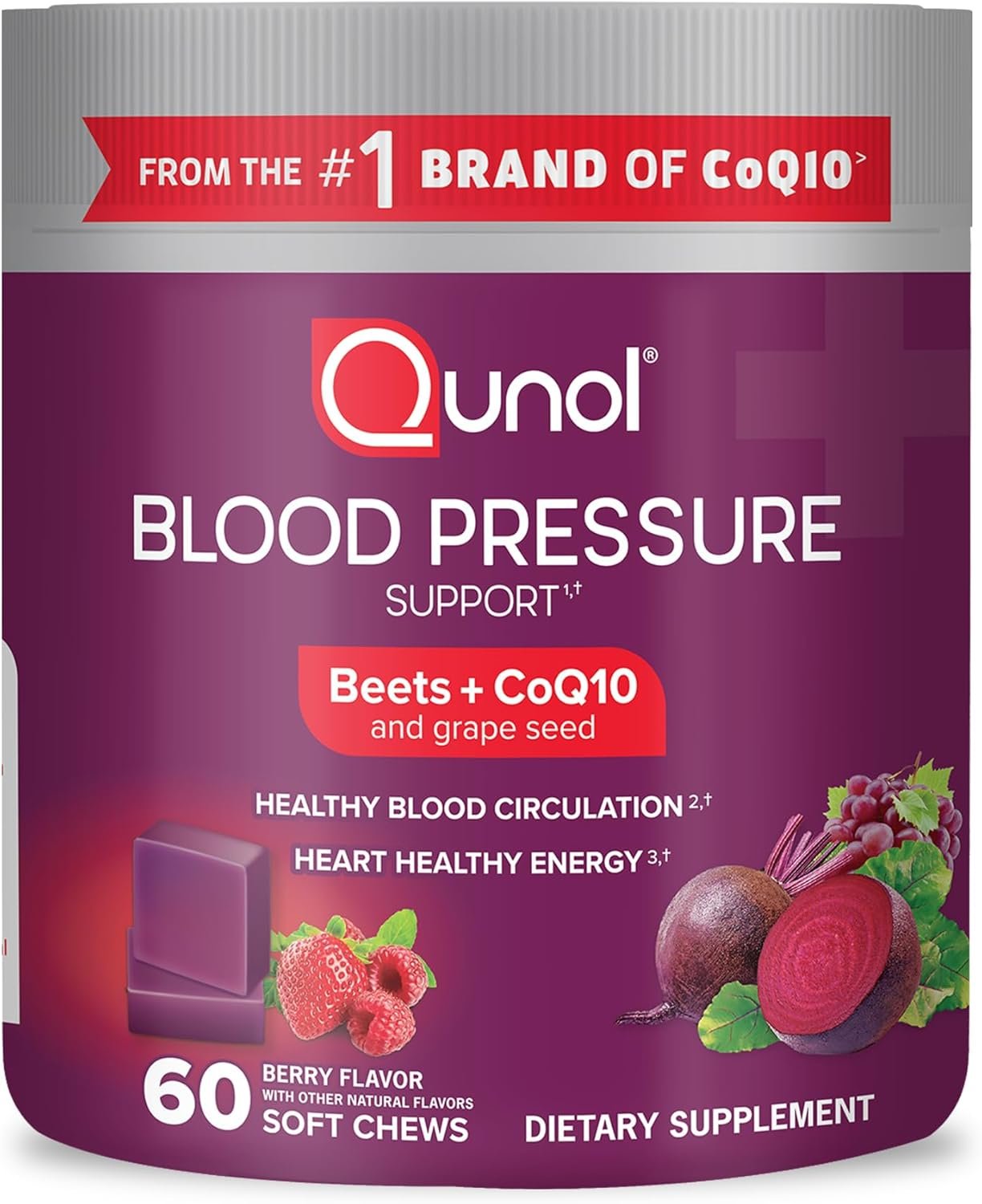 Qunol Beets Chews for Blood Pressure Support, 3 in 1 Beets + CoQ10 + Grape Seed Extract, Supports Healthy Blood Circulation Heart Healthy Energy, 60 Chews