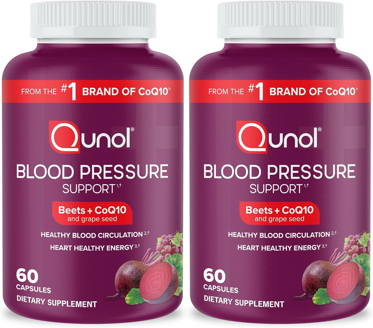 Qunol Blood Pressure Support, 3 in 1 Beets + CoQ10 + Grape Seed Extract, Beet Root Capsules That Supports Healthy Blood Circulation Heart Healthy Energy, 60 Count (Pack of 1)