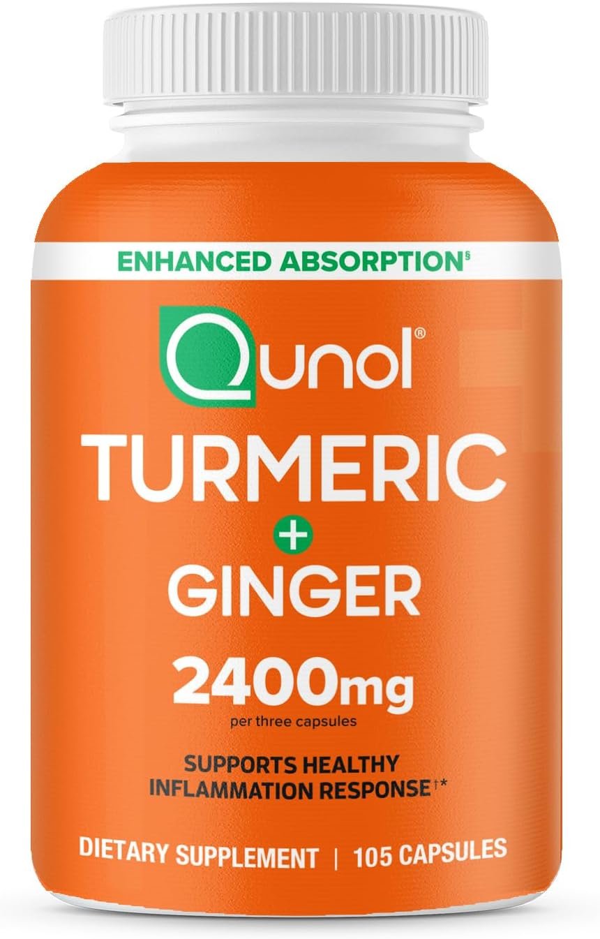 Qunol Turmeric Curcumin with Black Pepper  Ginger, 2400mg Turmeric Extract with 95% Curcuminoids, Extra Strength Supplement, Enhanced Absorption, Joint Support Supplement, 105 Count