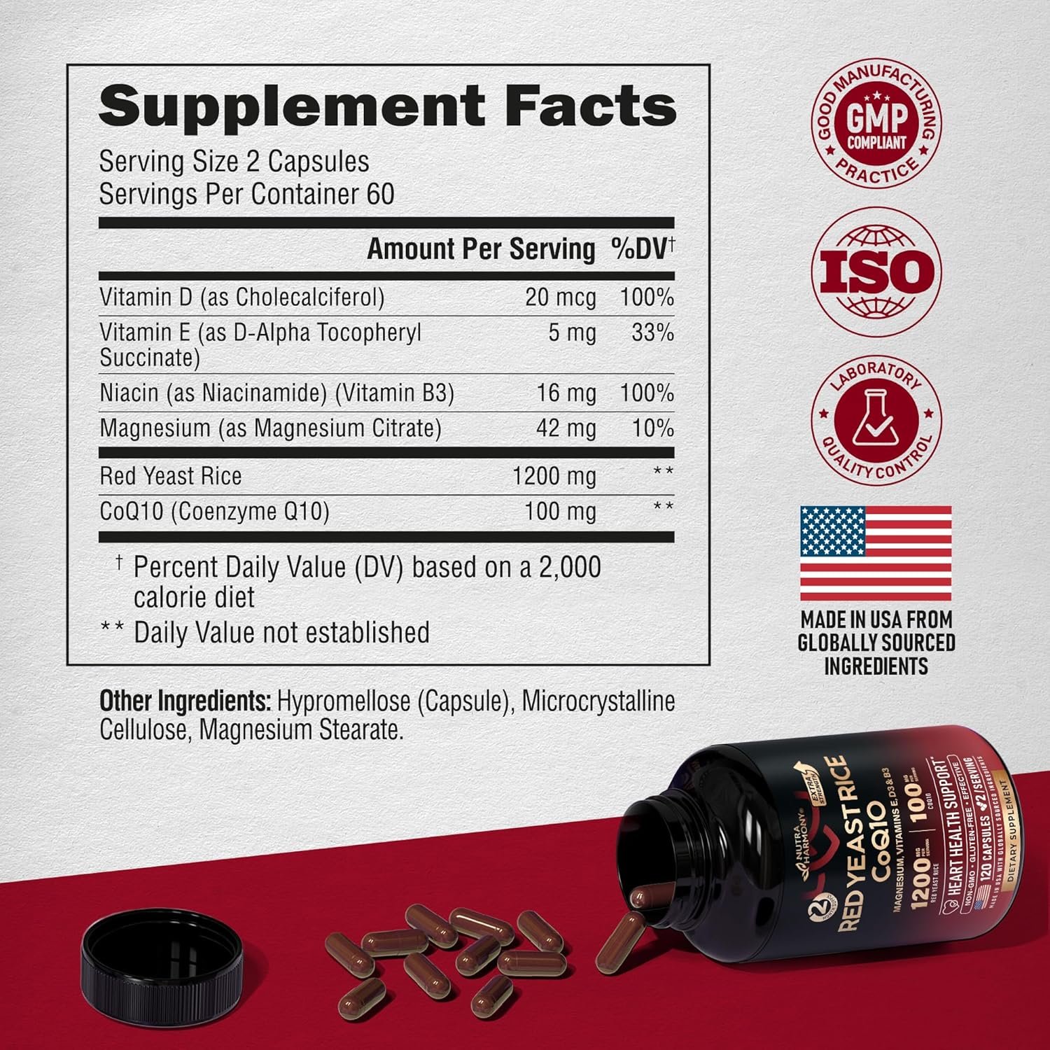 Red Yeast Rice 1200 mg with CoQ10 100 mg - with Magnesium | Niacin | Vitamin E D3 - Heart Health Support, Energy Metabolism - Effective, Flush-free Laboratory Tested - Made in USA, 120 Capsules