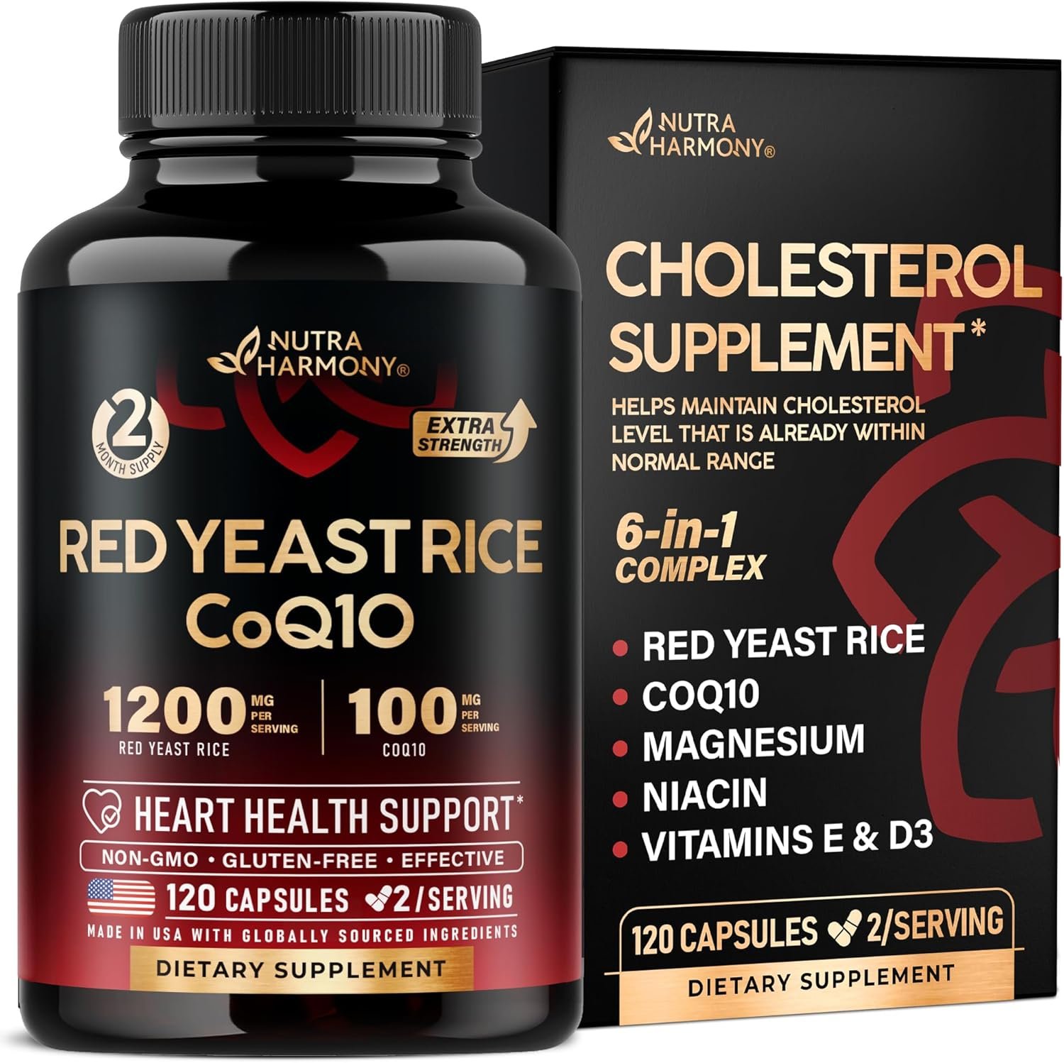 Red Yeast Rice 1200 mg with CoQ10 100 mg - with Magnesium | Niacin | Vitamin E D3 - Heart Health Support, Energy Metabolism - Effective, Flush-free Laboratory Tested - Made in USA, 120 Capsules