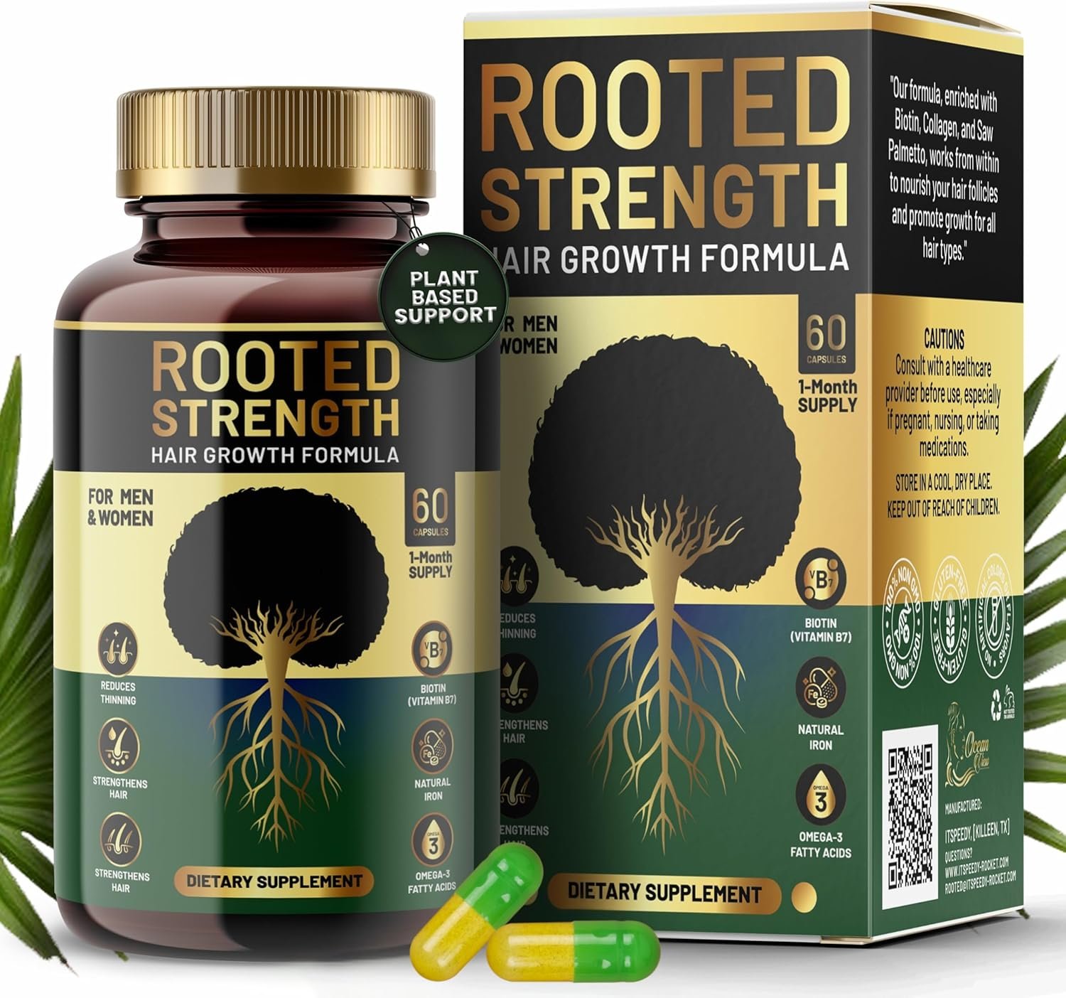 Rooted Strength Hair Growth Vitamins – Hair Vitamins for Black Women Men with DHT Blocker Collagen, Advanced Biotin for Hair Growth Women, 60 Capsules, 1-Month Supply, for Thicker, Stronger Hair