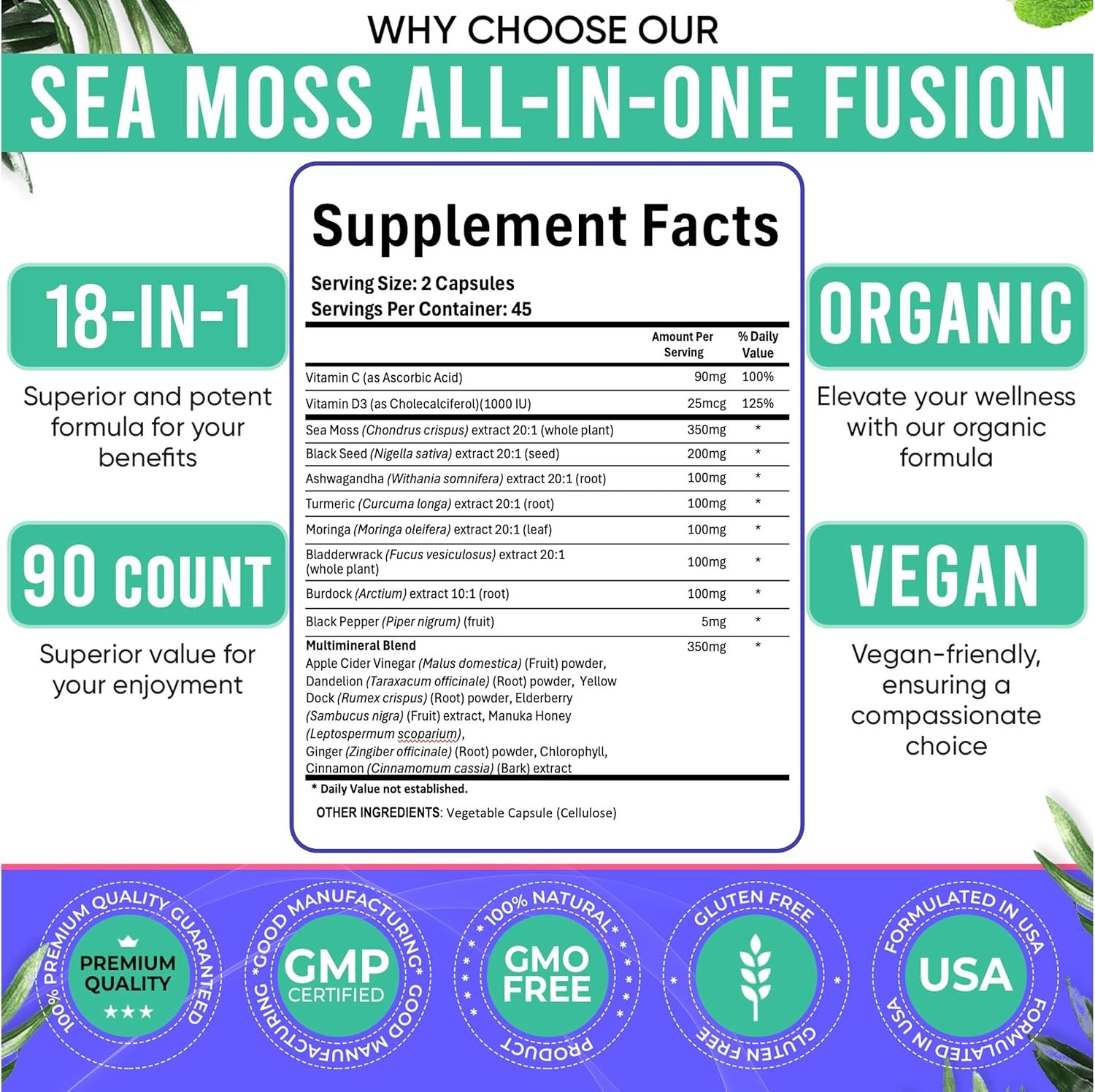 Sea Moss Black Seed Oil Ashwagandha Ginger Capsules. Sea Moss Capsules with Black Seed Oil, Ashwagandha, Turmeric, Moringa, Bladderwrack, Burdock Root, Manuka Honey, Cinnamon.