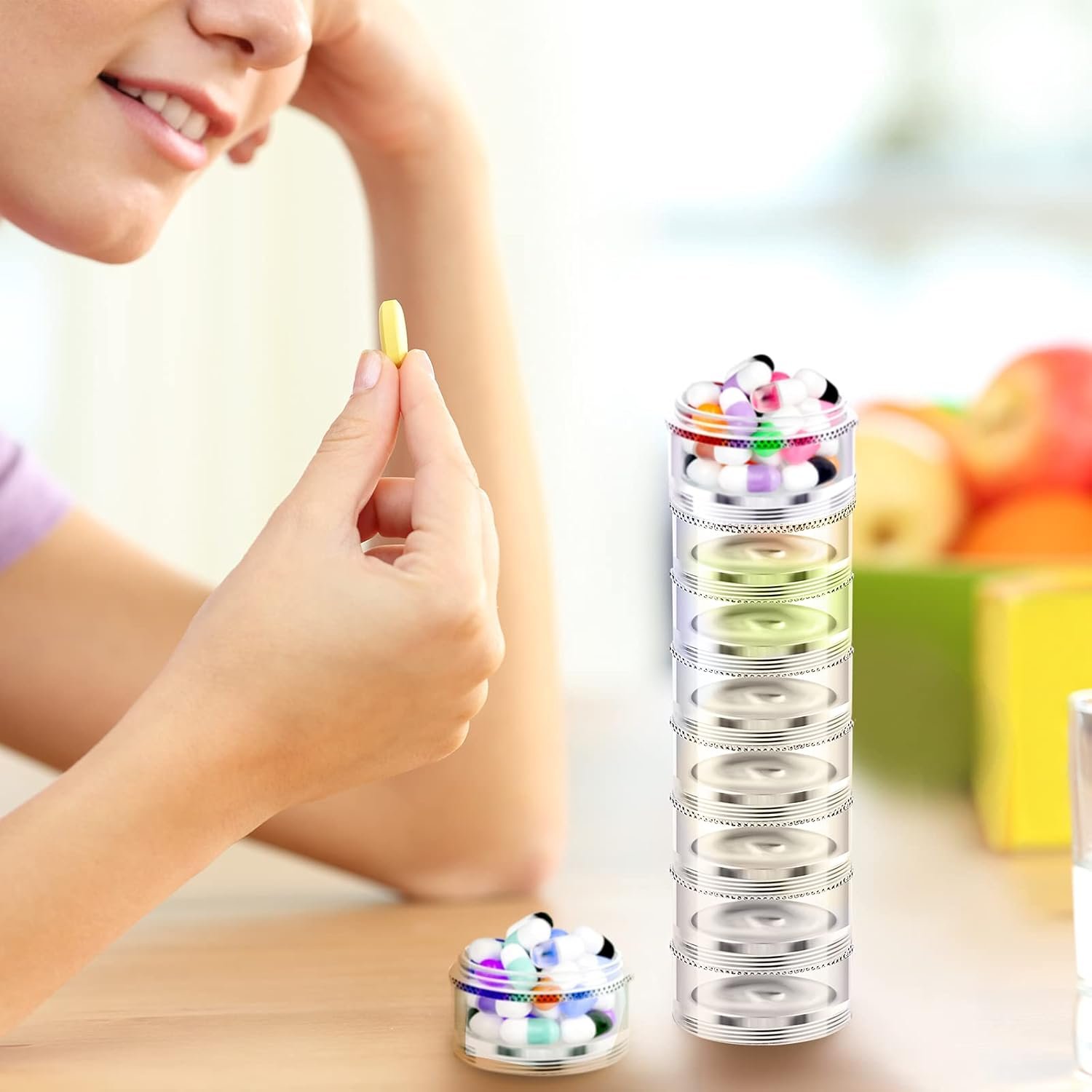 Sieral 4 Pack 7 Day Stackable Pill Organizers Round Pill Organizer Case Stackable Weekly Supplements Vitamins Individual Storage Containers Boxes Holder Dispenser with Lids for Travel Medicine, Clear