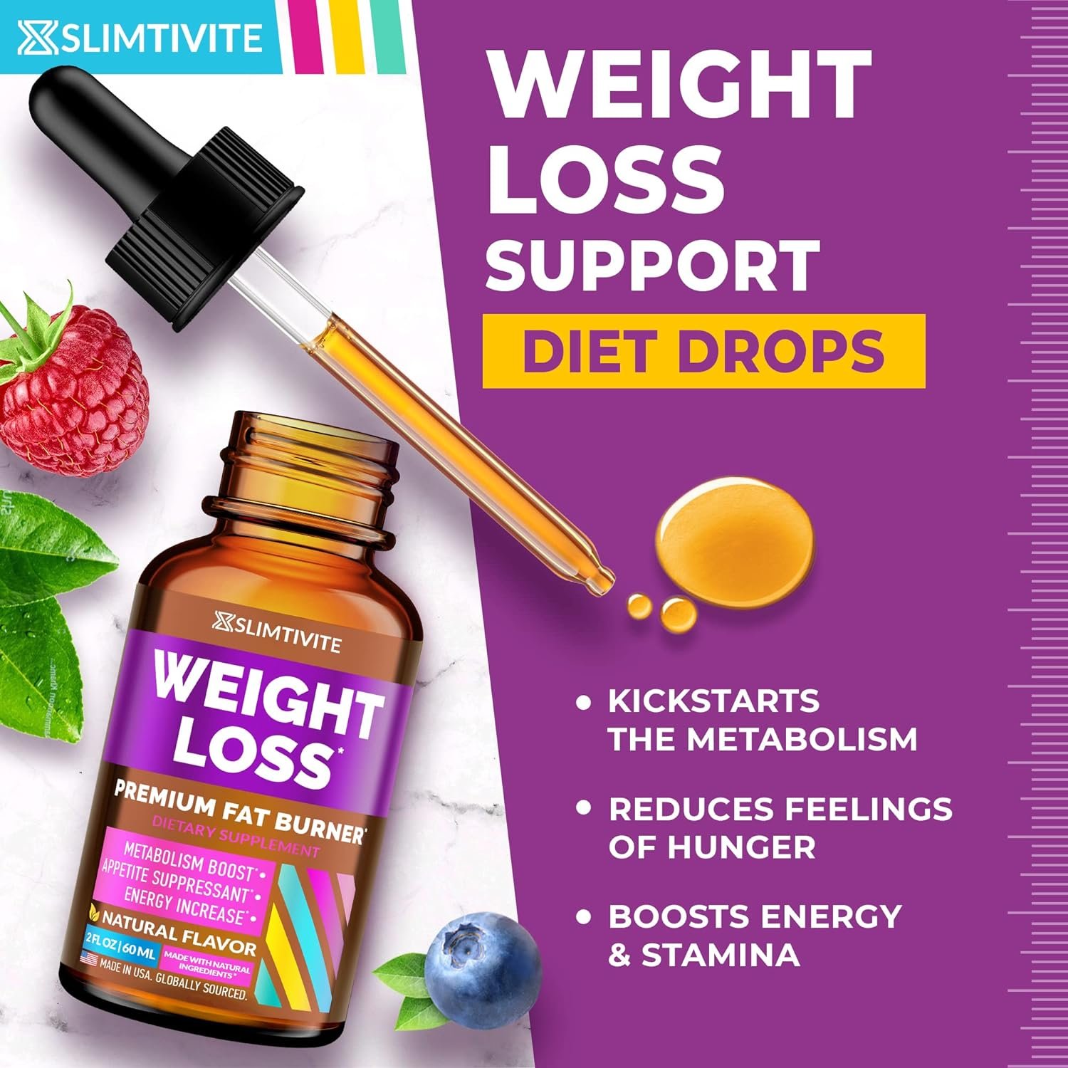 Slimtivite Weight Loss Drops - Diet Drops for Fat Loss - Effective Appetite Suppressant Metabolism Booster - Safe Proven Ingredients - Non-GMO Fat Burner - Garcinia Cambogia, 2 Fl Oz