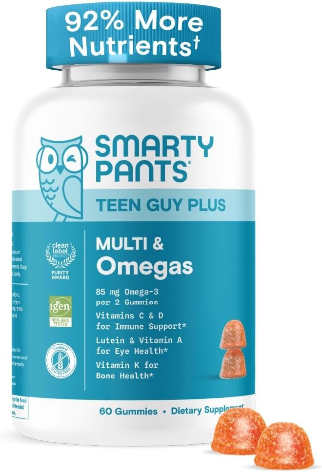 SmartyPants Teen Guy Multivitamin Gummies - Improved Formula: Omega 3 (DHA/EPA), Vitamin D3, C, Vitamin B12, B6, A, K Zinc, Folate, Gluten Free, Fruit Flavor, 60 Count (30 Day Supply)