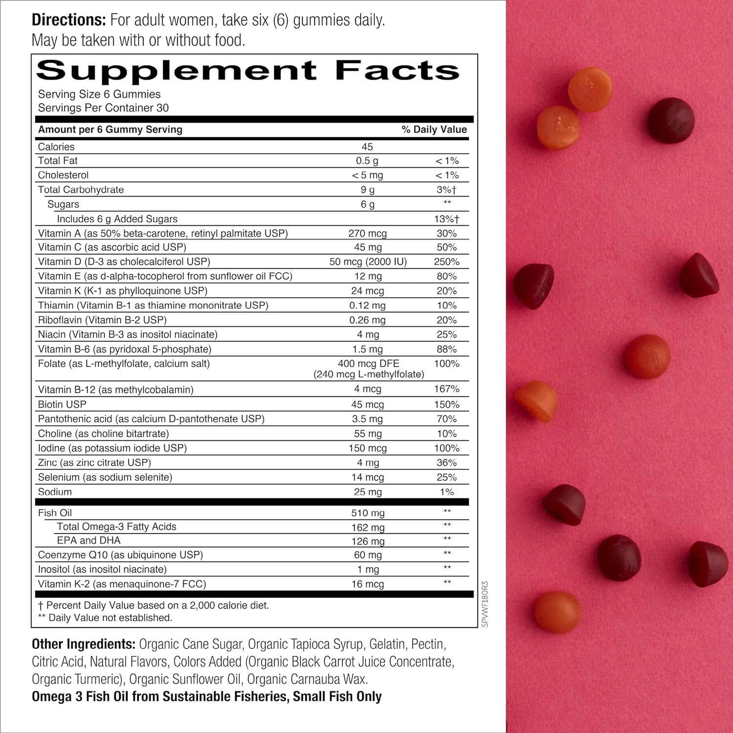 SmartyPants Womens Formula Gummy Vitamins: Gluten Free, Multivitamin, CoQ10, Folate (Methylfolate), Vitamin K2, Vitamin D3, Biotin, B12, Omega 3 DHA/EPA Fish Oil, 180 count (30 Day Supply)