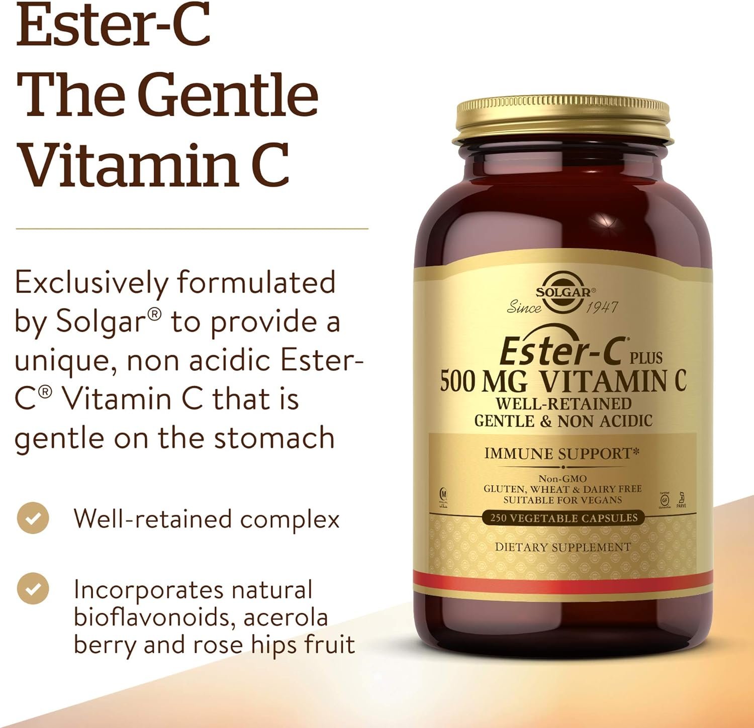 Solgar Ester-C Plus 500 mg Vitamin C (Ascorbate Complex), 250 Vegetable Capsules - Gentle Non Acidic - Antioxidant Immune Support - Non GMO, Vegan, Gluten Free, Kosher - 250 Servings