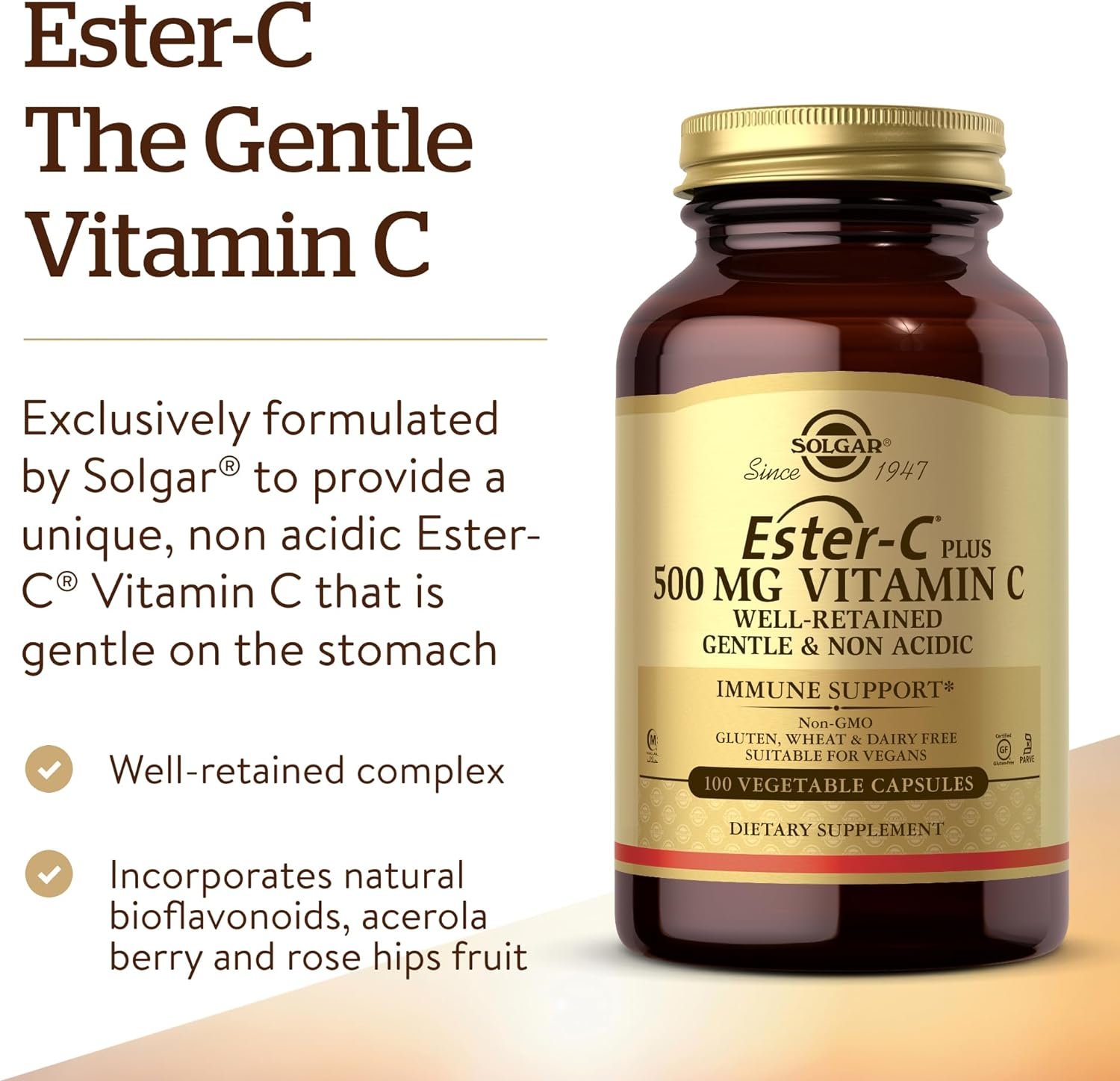 Solgar Ester-C Plus 500 mg Vitamin C (Ascorbate Complex), 250 Vegetable Capsules - Gentle Non Acidic - Antioxidant Immune Support - Non GMO, Vegan, Gluten Free, Kosher - 250 Servings