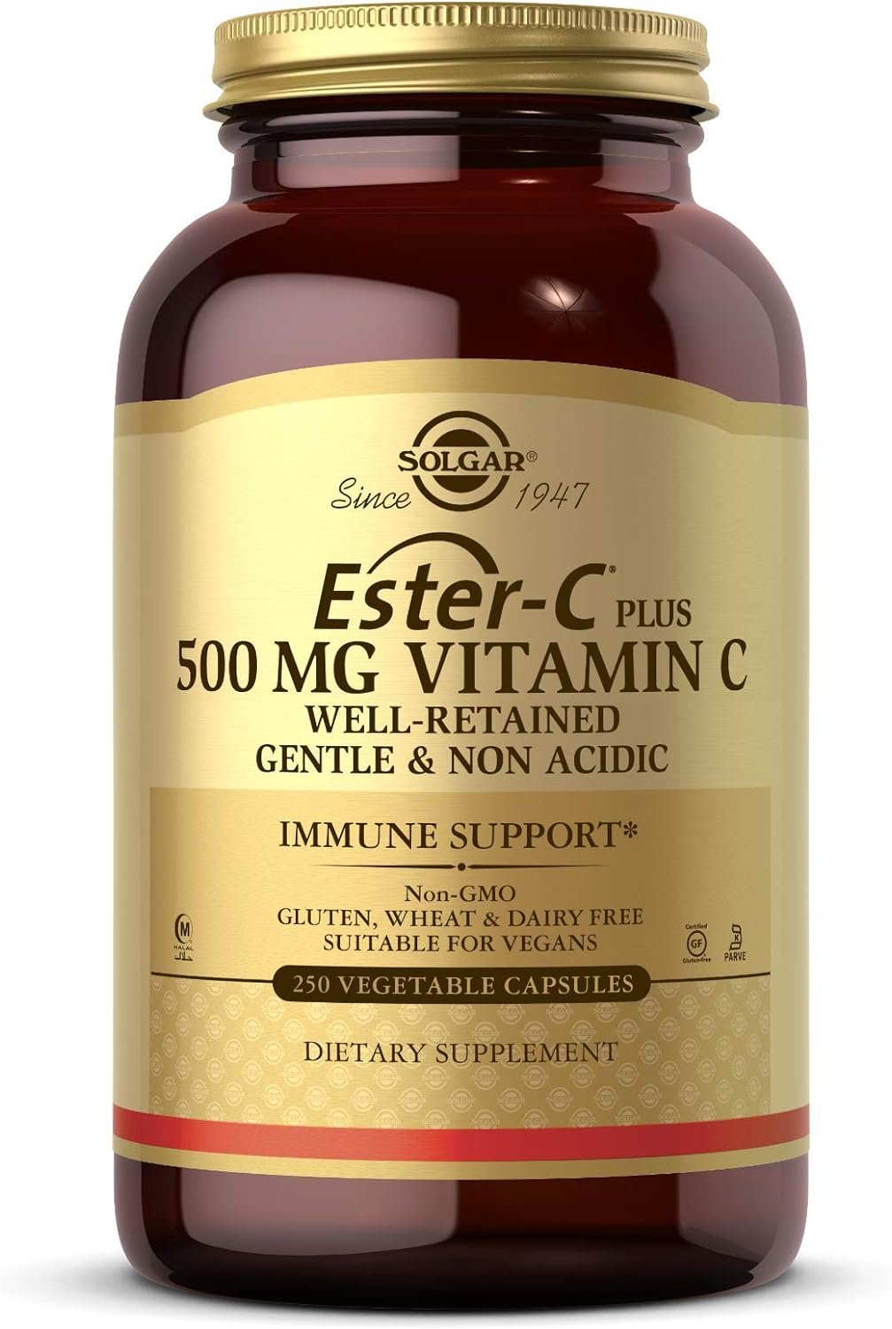 Solgar Ester-C Plus 500 mg Vitamin C (Ascorbate Complex), 250 Vegetable Capsules - Gentle Non Acidic - Antioxidant Immune Support - Non GMO, Vegan, Gluten Free, Kosher - 250 Servings