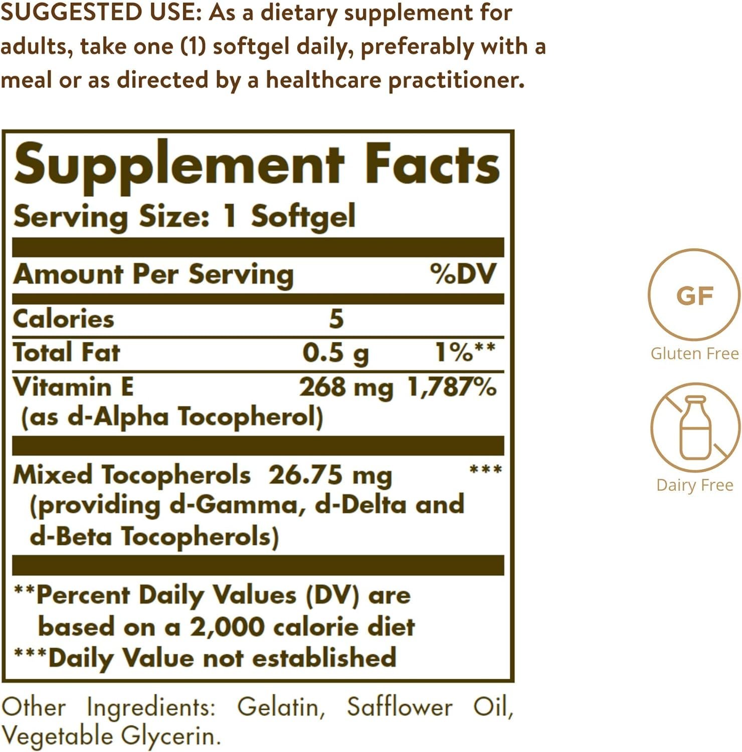 Solgar Vitamin E 268 MG (400 IU) (d-Alpha Tocopherol Mixed Tocopherols), 100 Softgels - Supports Immune System Skin Nutrition - Natural Antioxidant - Gluten Free, Dairy Free - 100 Servings
