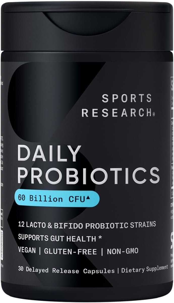 Sports Research Daily Probiotics with Prebiotics, 60 Billion CFU - Vegan Capsules for Gut Health Digestive Support, Probiotics for Women Men - Non-GMO Verified Gluten Free - 30 Count