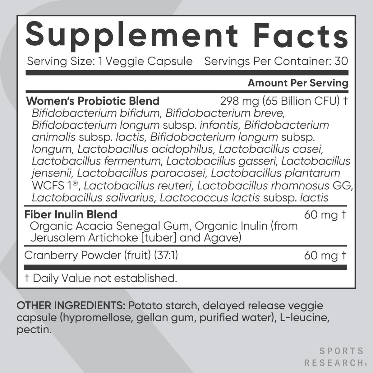Sports Research Probiotics with Prebiotics Cranberry | Womens Probiotic Blend with 65 Billion CFU at Expiration | Gluten Free, Non-GMO Verified Vegan Certified (30 Count)