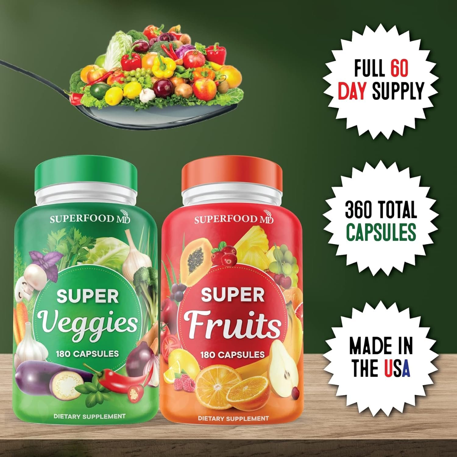 Superfood Fruit and Veggie Supplement - 360 Whole Super Fruit and Vegetable Supplements Vitamin, Natural Energy Levels, with Olive Leaf Soy Free- 180 Count (Pack of 2)