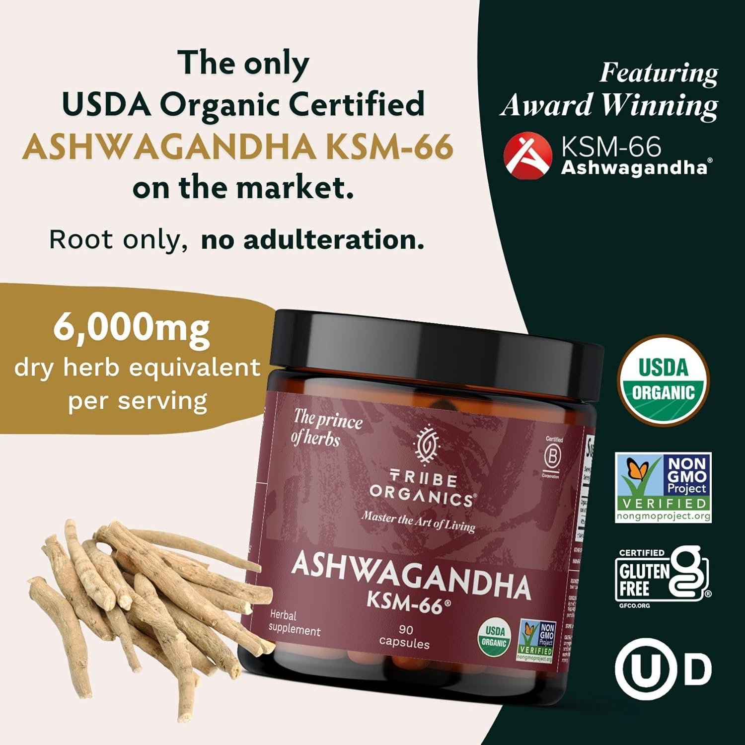 TRIBE ORGANICS Ashwagandha KSM 66 Pure Organic Root Powder Extract Ayurvedic Supplement - Focus Mood Support Increase Energy Strength 600mg of Natural KSM66 for Superior Absorption - 90 Capsules