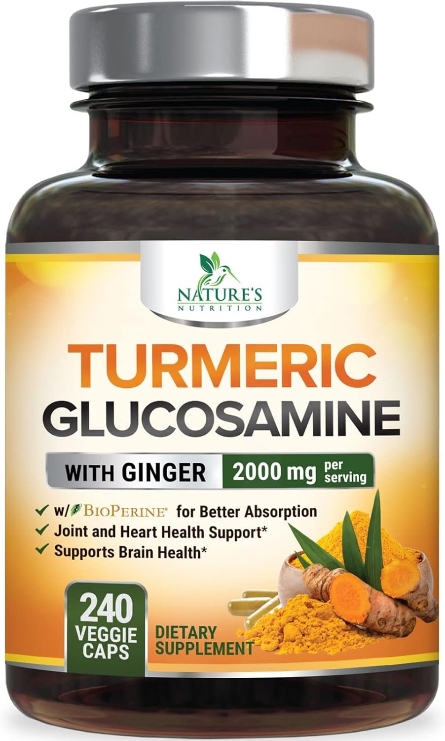 Turmeric Curcumin Supplement 2000mg with Glucosamine Chondroitin Ginger, 95% Curcuminoids, BioPerine Black Pepper for Best Absorption, Natures Joint Support, Non-GMO, Bottled in USA - 240 Capsules