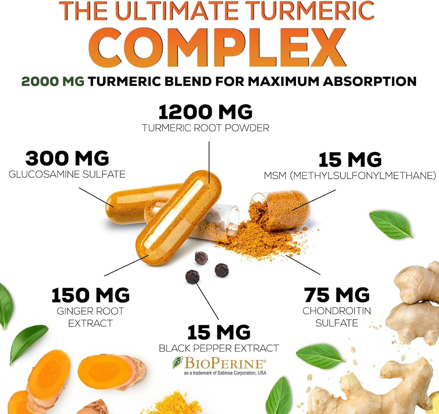 Turmeric Curcumin Supplement 2000mg with Glucosamine Chondroitin Ginger, 95% Curcuminoids, BioPerine Black Pepper for Best Absorption, Natures Joint Support, Non-GMO, Bottled in USA - 240 Capsules