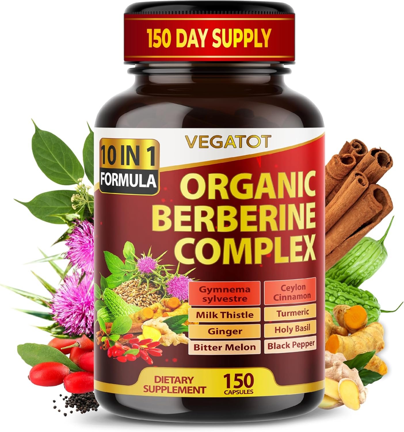 VEGATOT GlucoSavior Berberine Supplement with Ceylon Cinnamon, Bitter Melon, Gymnema - Supports Immune, Heart Health Gastrointestinal Function - Made in The USA (150 Count (Pack of 1))