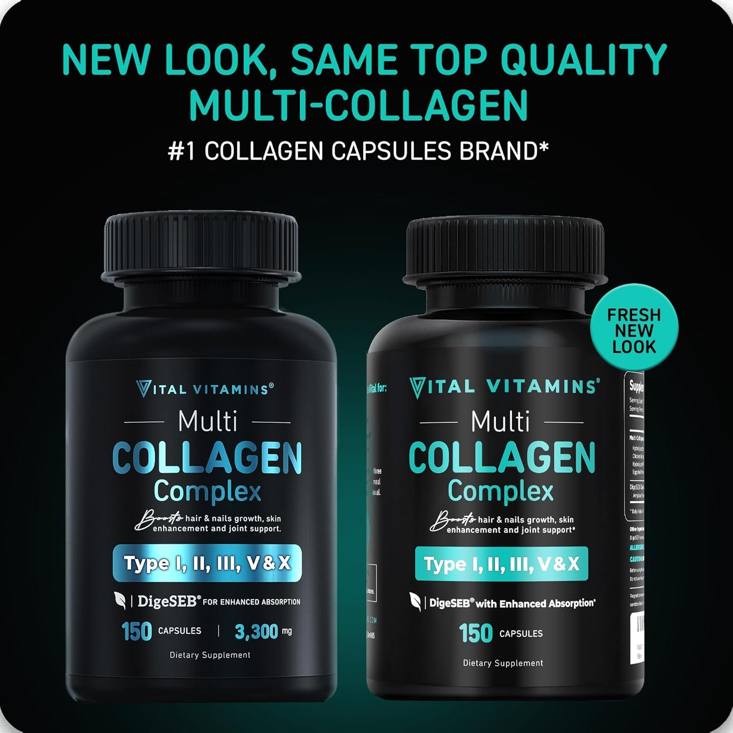 Vital Vitamins Multi Collagen Complex Plus - with Biotin, Hyaluronic Acid, Vitamin C - Type I, II, III, V, X - for Women Men - Hair, Skin, Nails Beauty Complex - 150 Capsules