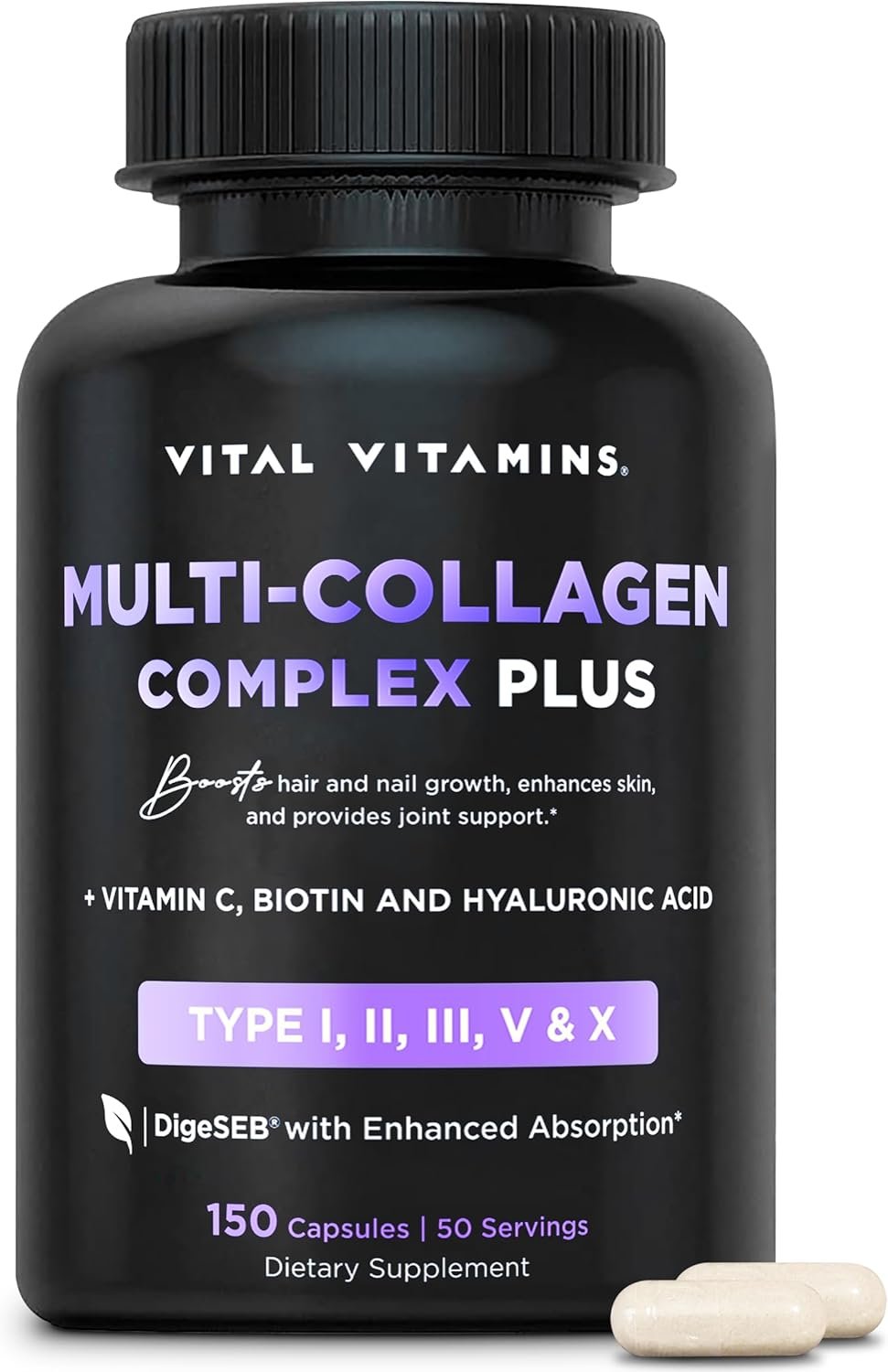 Vital Vitamins Multi Collagen Complex Plus - with Biotin, Hyaluronic Acid, Vitamin C - Type I, II, III, V, X - for Women Men - Hair, Skin, Nails Beauty Complex - 150 Capsules