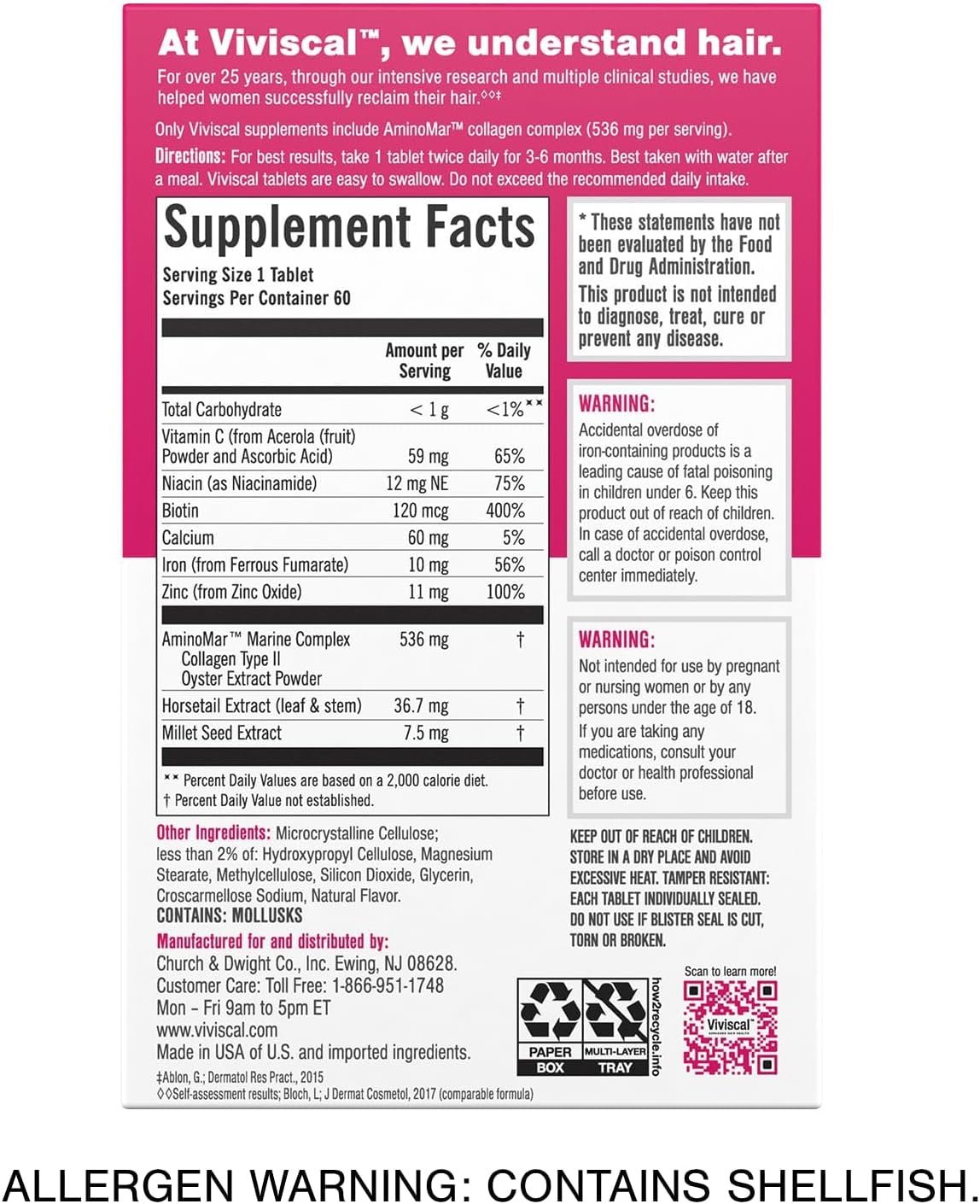Viviscal Hair Growth Supplements for Women, Dietary Hair Supplement Tablets With AminoMar Collagen Complex, Biotin, Zinc, Vitamin C, and Iron, Nourish Thinning Hair, 30 Day Supply, 60 Count