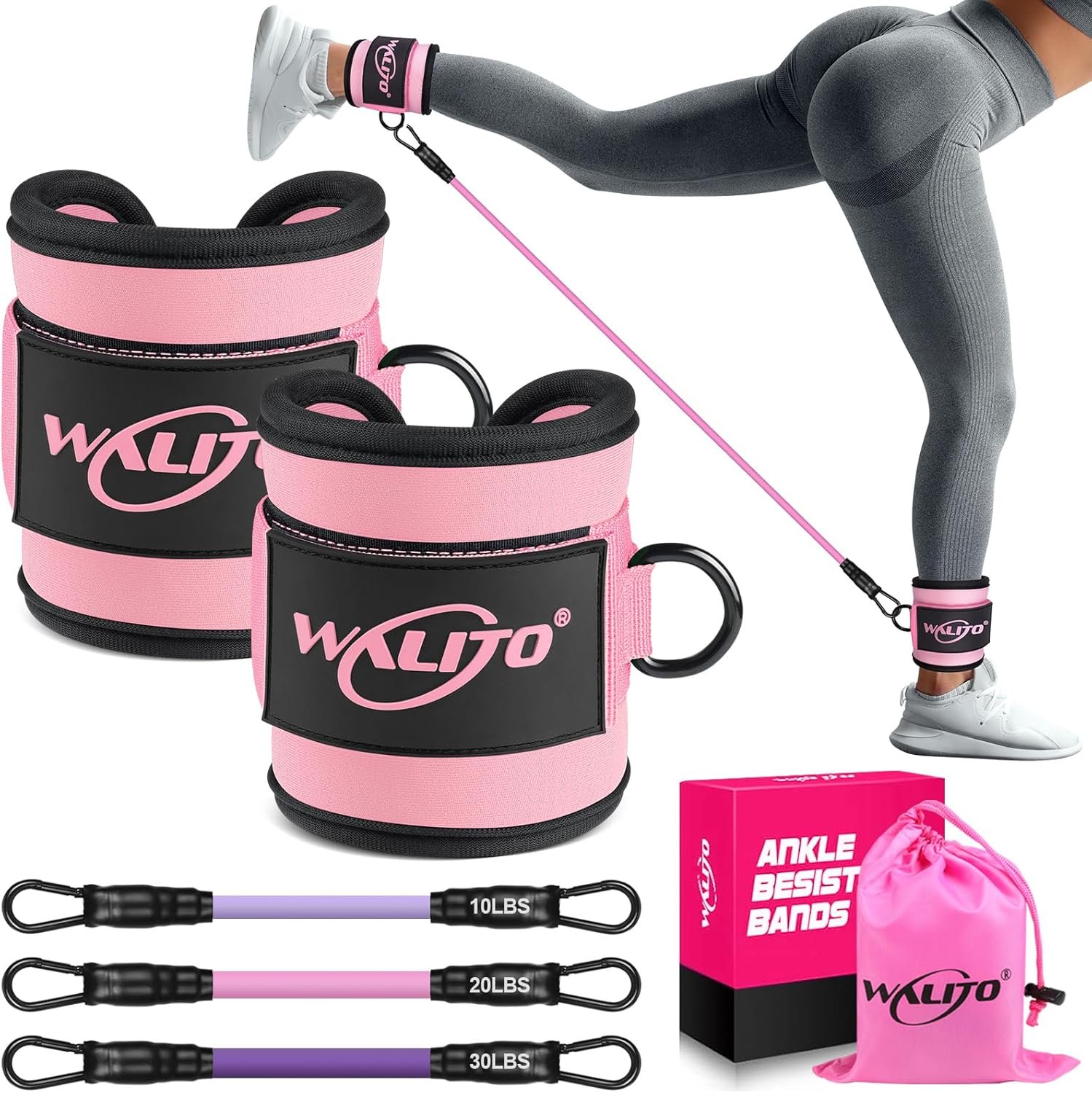 WALITO Ankle Resistance Bands with Cuffs, Exercise Bands for Legs and Butt, Booty Workout Equipment for Kickbacks and Hip Fitness Training