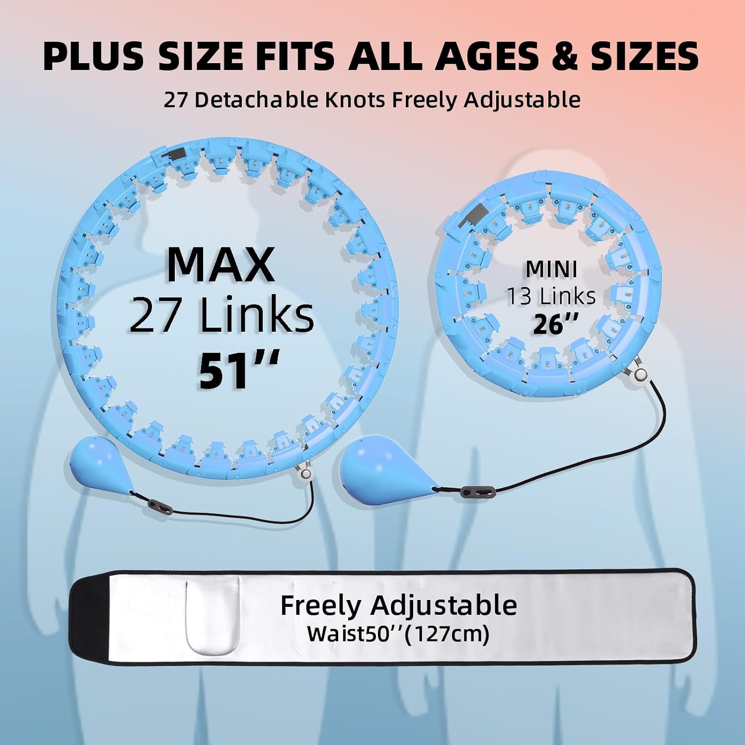 Weighted Hula Circle for Adults Weight Loss, Infinity Fitness Hoop Plus Size 51 Inch with Sweat Belt, Include 27 Detachable Links and Waist Trainer for Women