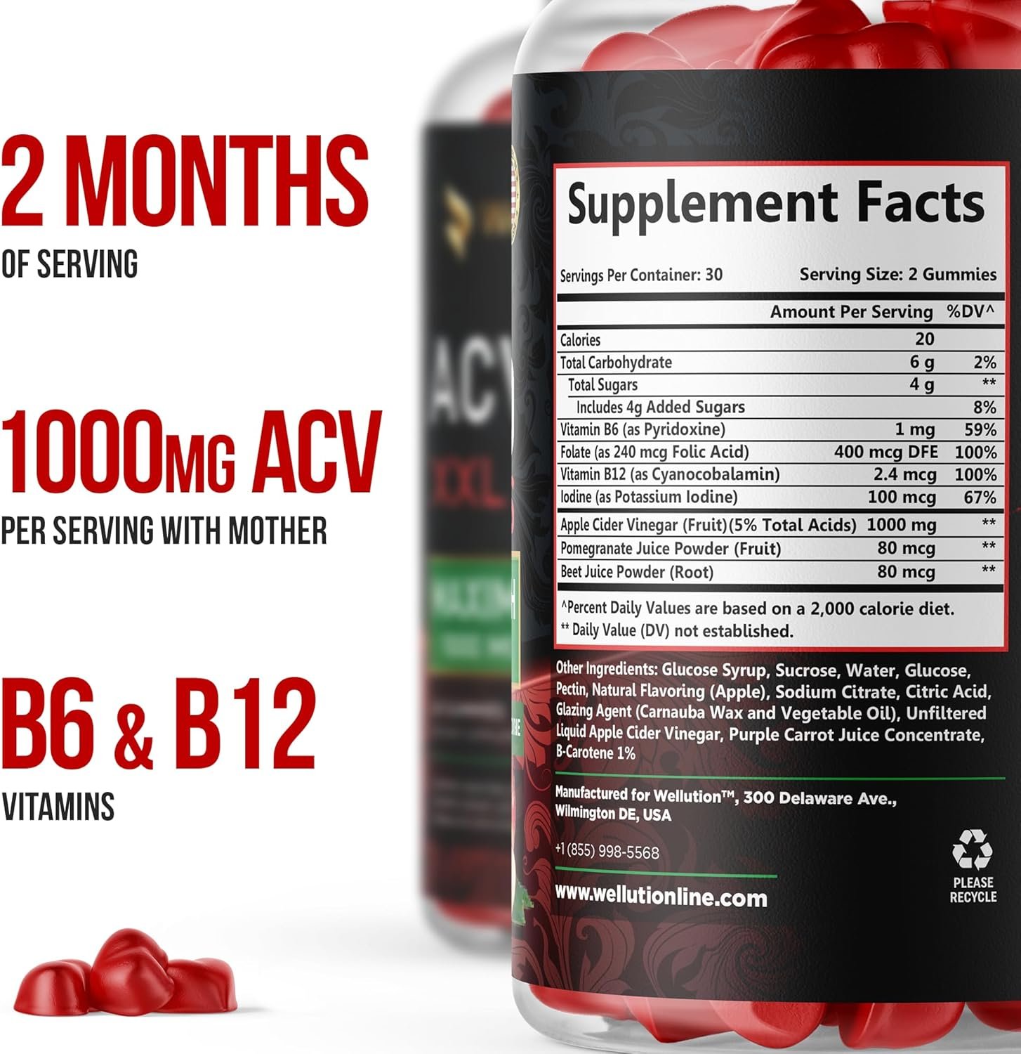 WELLUTION XXL Keto ACV Gummies: 1,000mg, Sugar-Free (60 Ct) Advanced Weight Loss Support