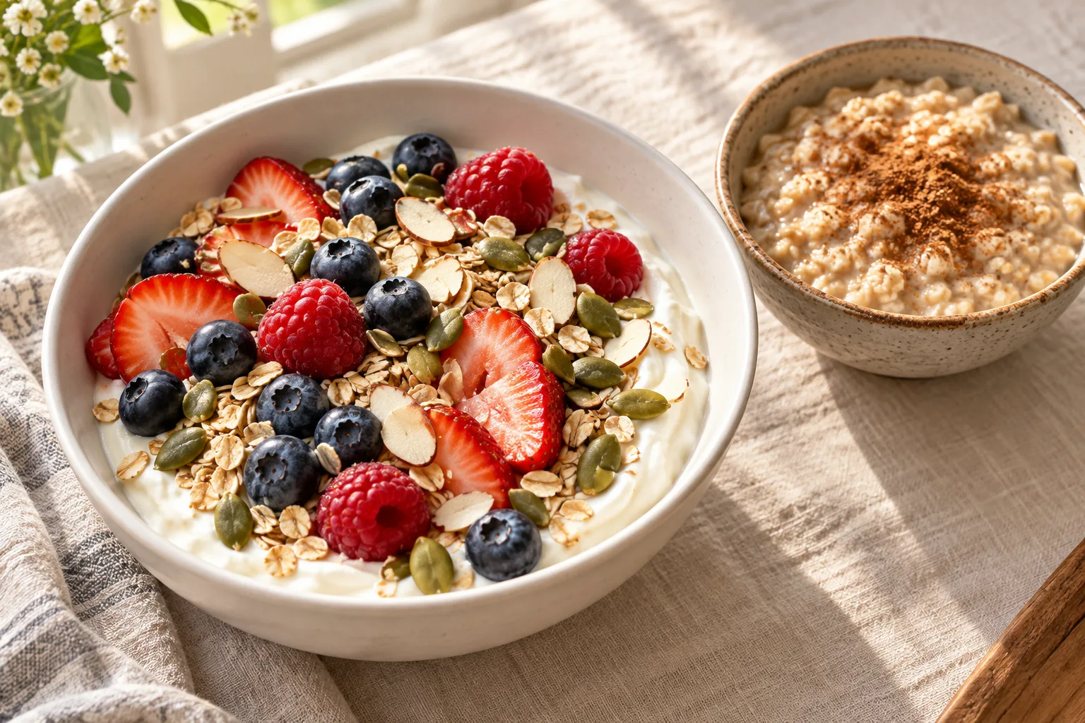 What quick breakfasts with eggs, yogurt, oats, or berries provide protein and fiber?
